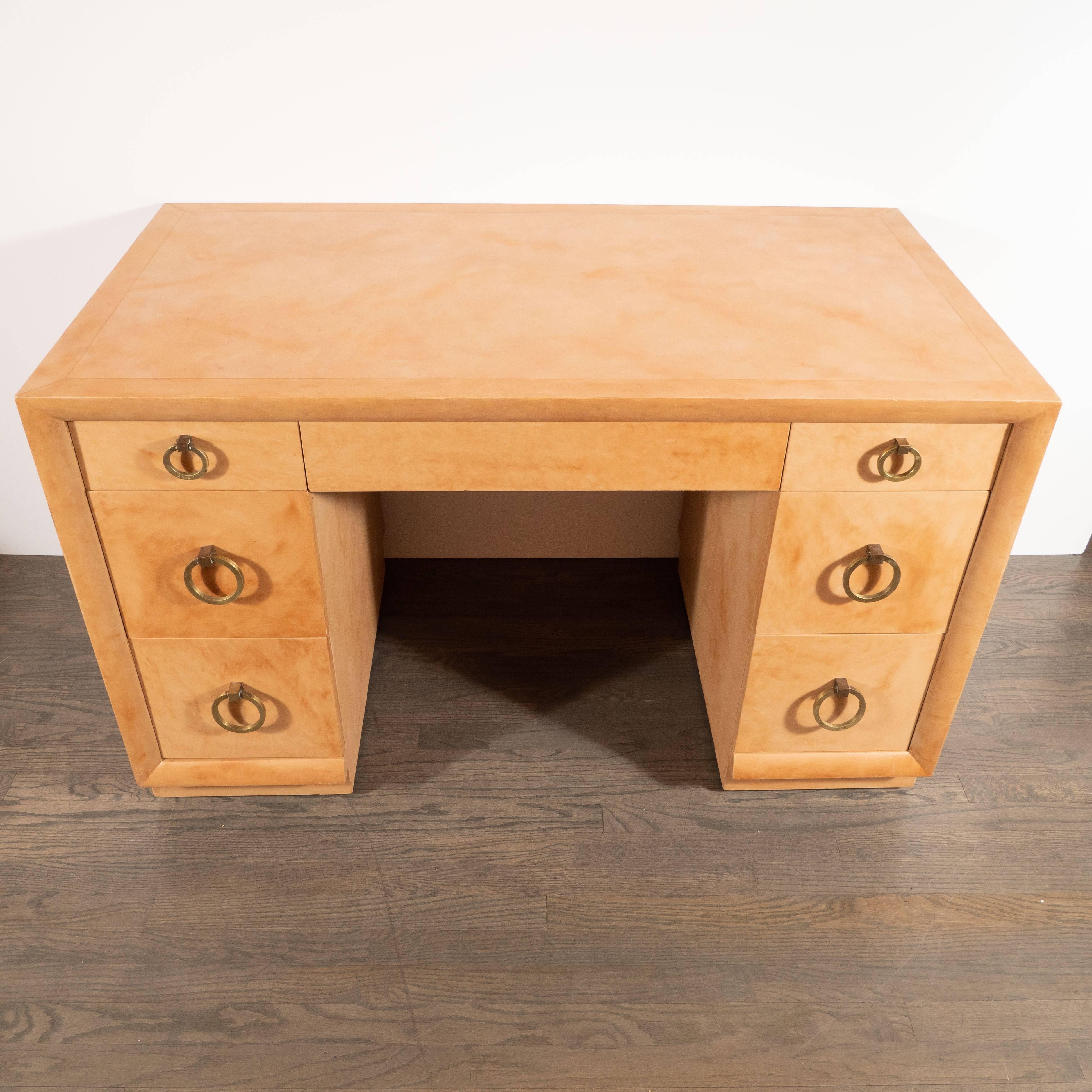American Mid-Century Modern Parchment Desk with Circular Brass Pulls by Robsjohn-Gibbings