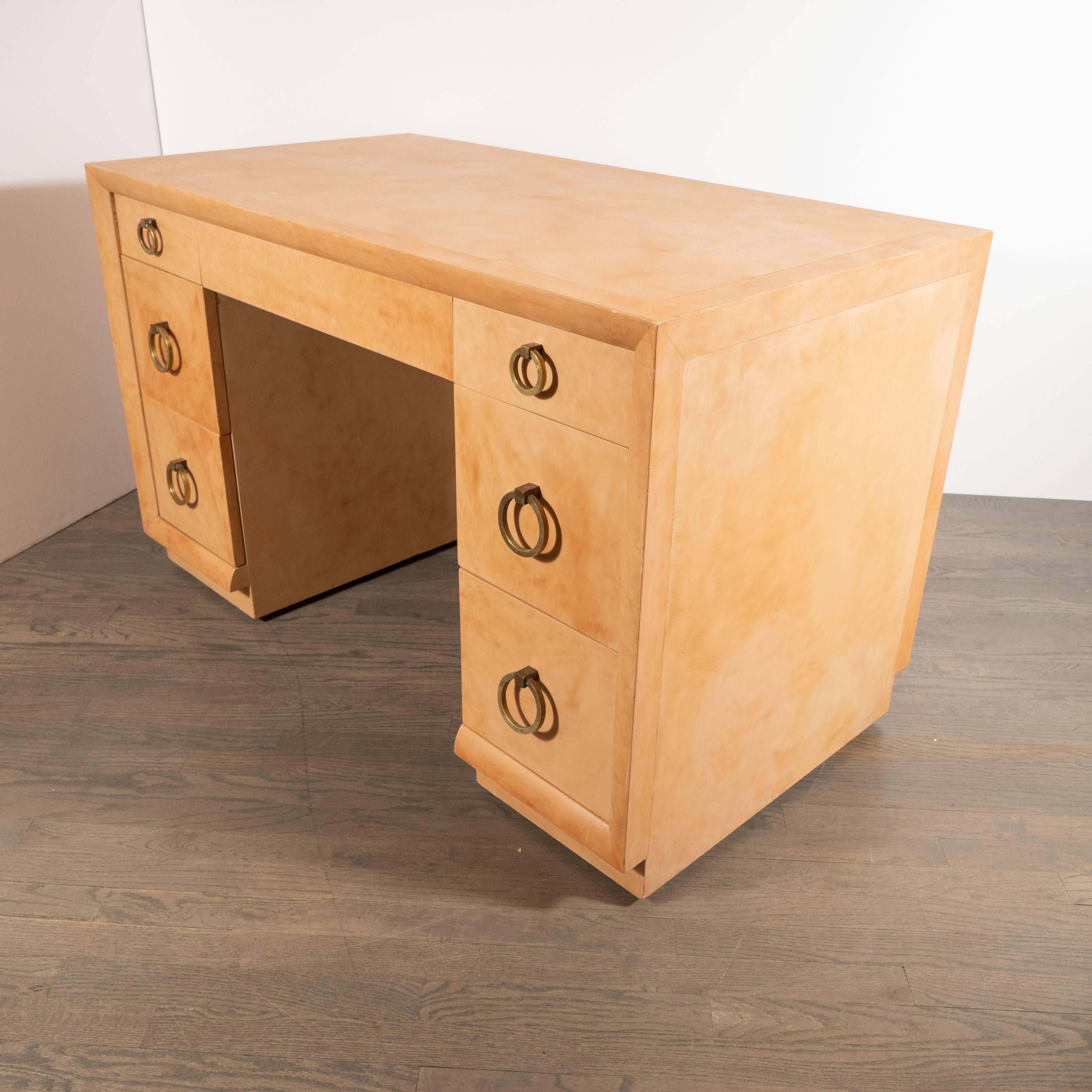 Mid-Century Modern Parchment Desk with Circular Brass Pulls by Robsjohn-Gibbings 1