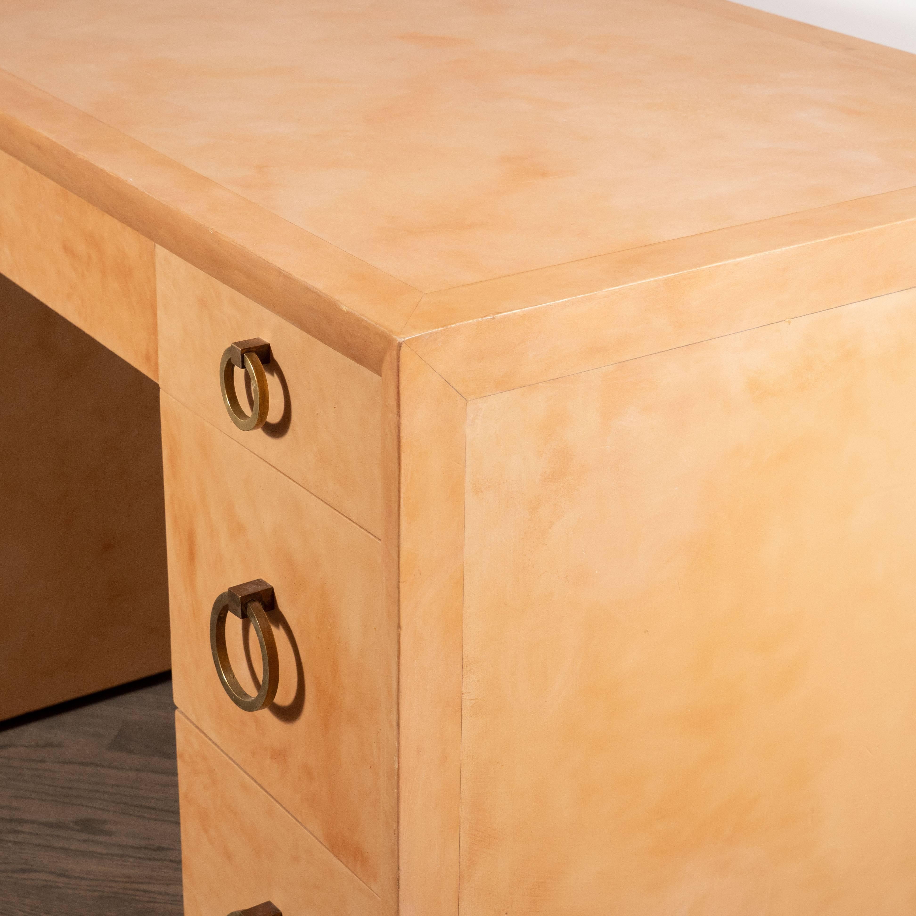 Mid-Century Modern Parchment Desk with Circular Brass Pulls by Robsjohn-Gibbings 2