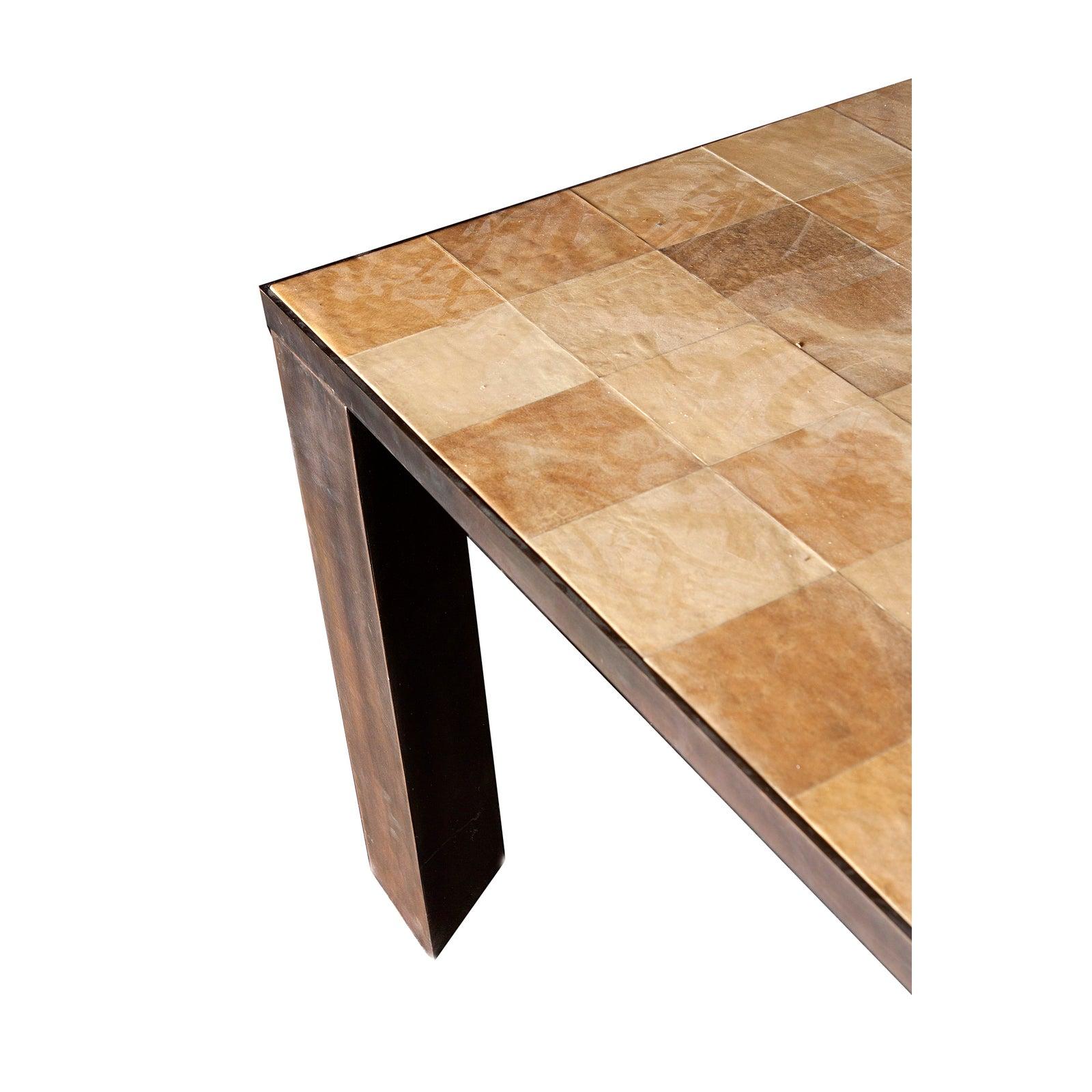 20th Century Mid-Century Modern Parchment Patchwork and Steel Dining Table For Sale
