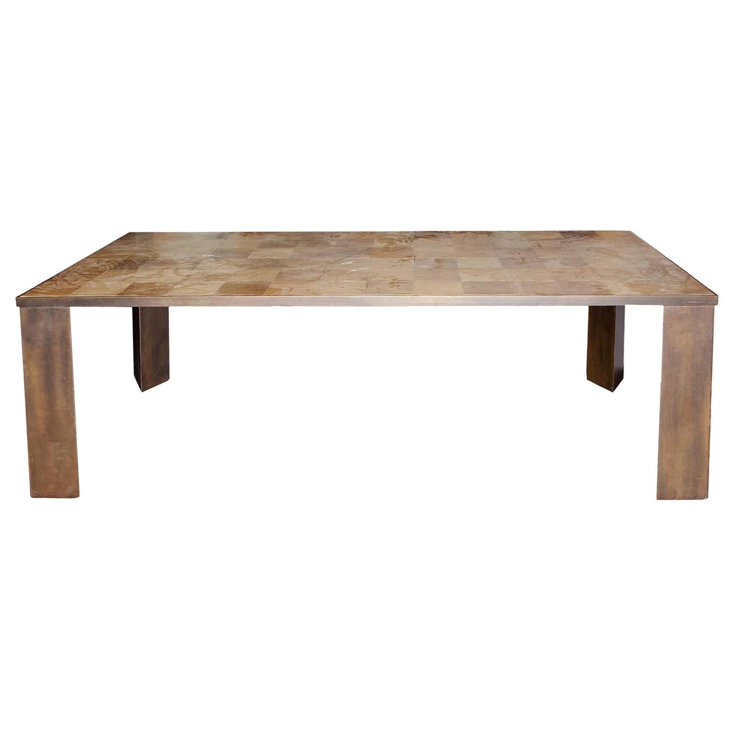 Mid-Century Modern Parchment Patchwork and Steel Dining Table For Sale