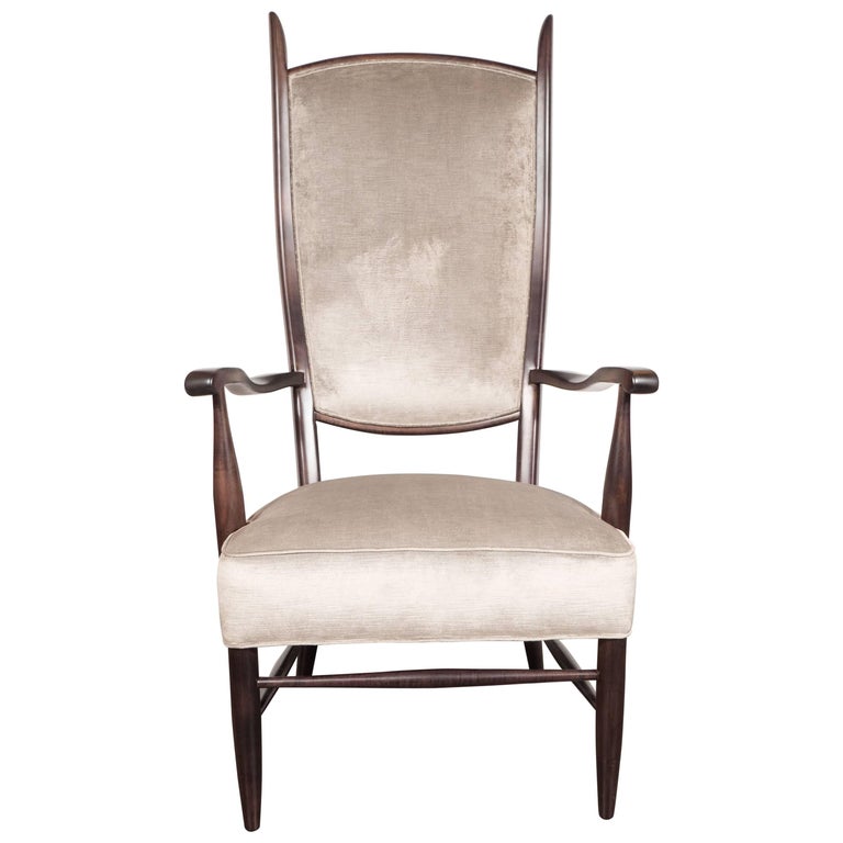 MidCentury Modern Parsons Chair in Ebonized Birch and Velvet by