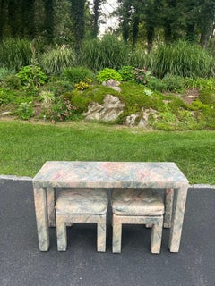 Mid-Century Modern Parsons Console Table with Upholstered Ottomans
