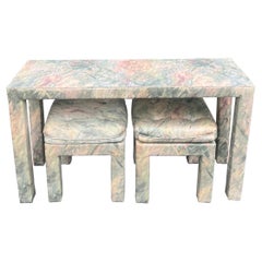 Mid-Century Modern Parsons Console Table with Upholstered Ottomans