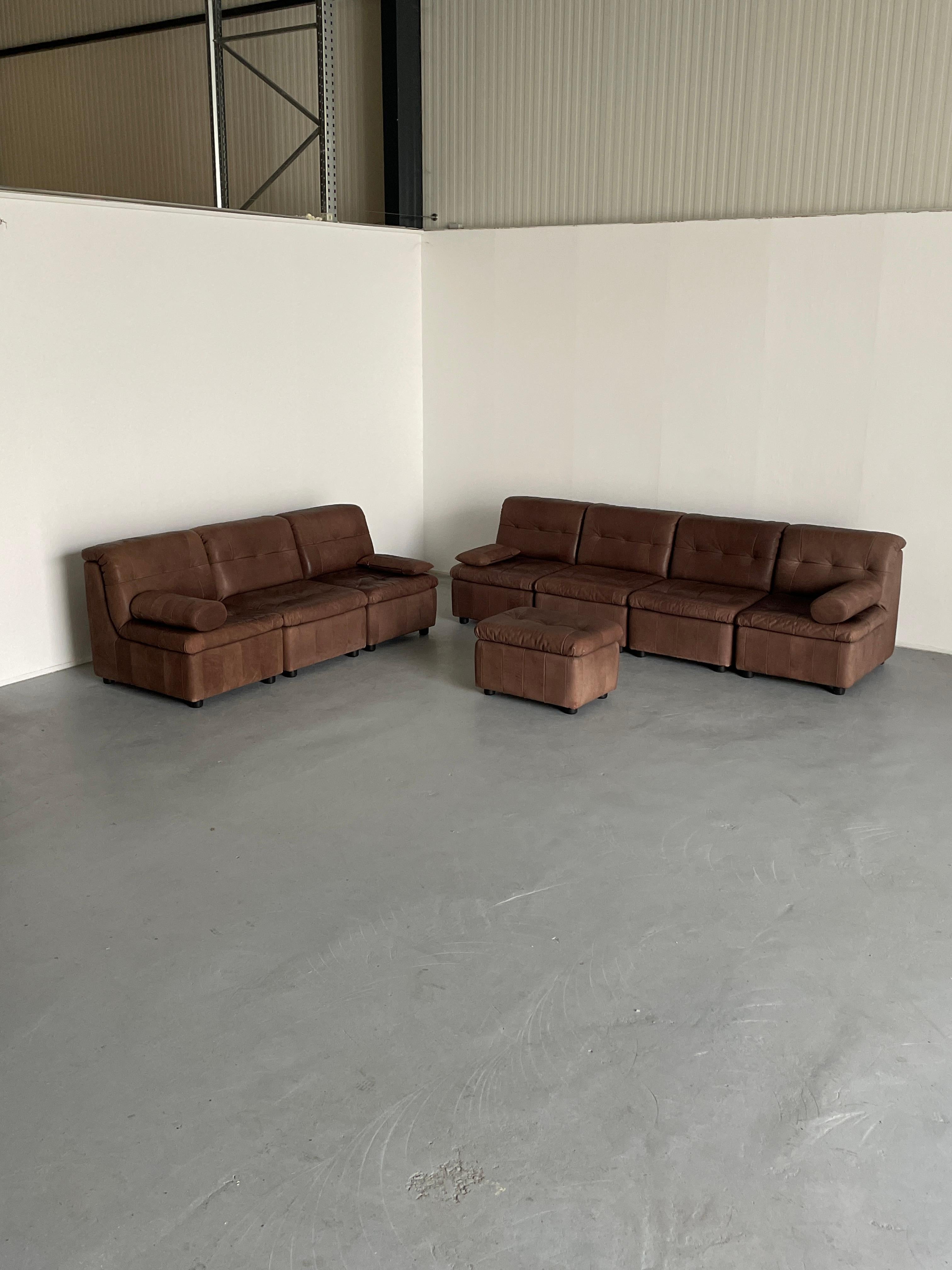 German Mid-Century-Modern Patchwork Leather Modular Seating Set in the style of De Sede For Sale