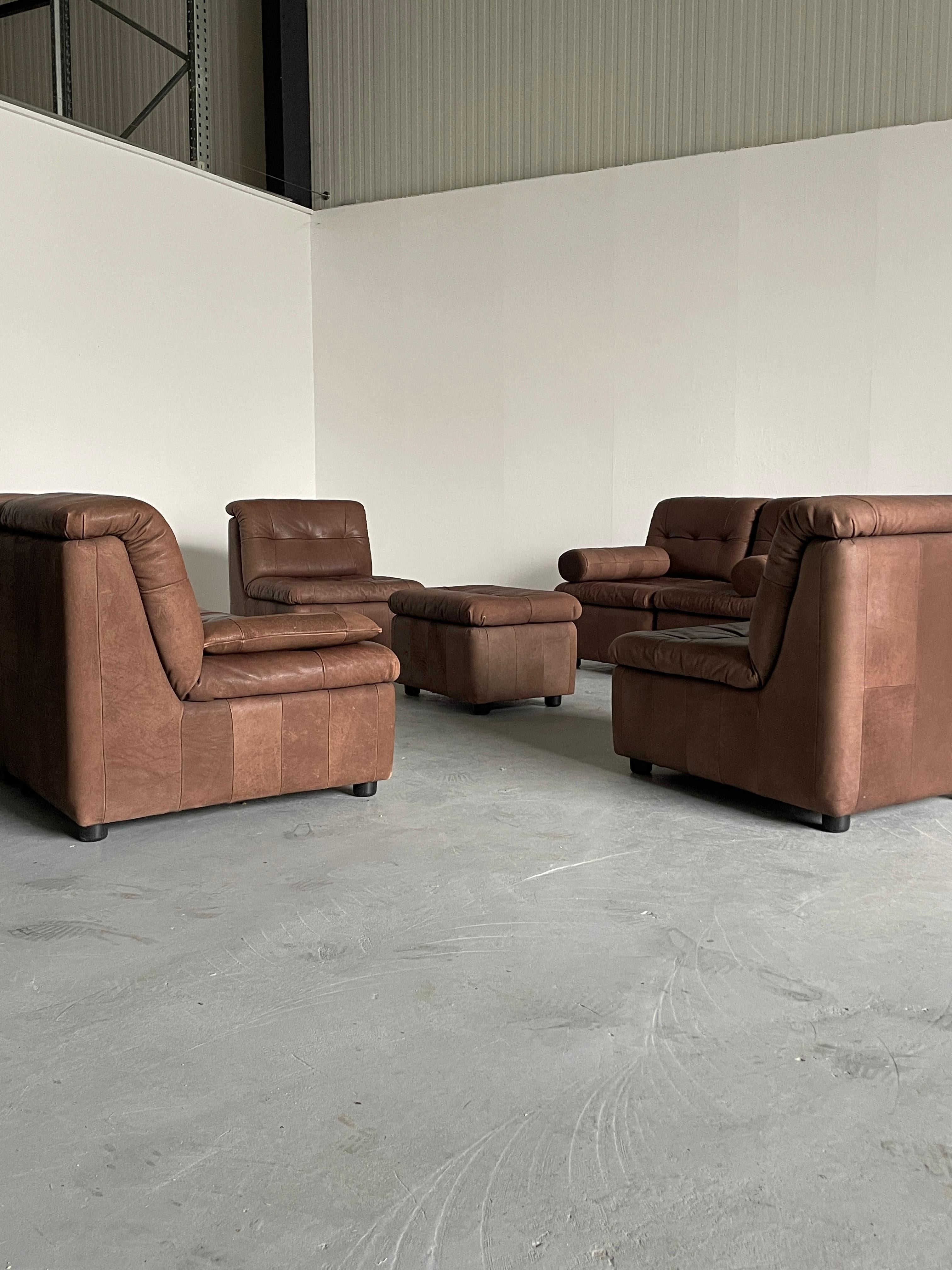 Late 20th Century Mid-Century-Modern Patchwork Leather Modular Seating Set in the style of De Sede For Sale