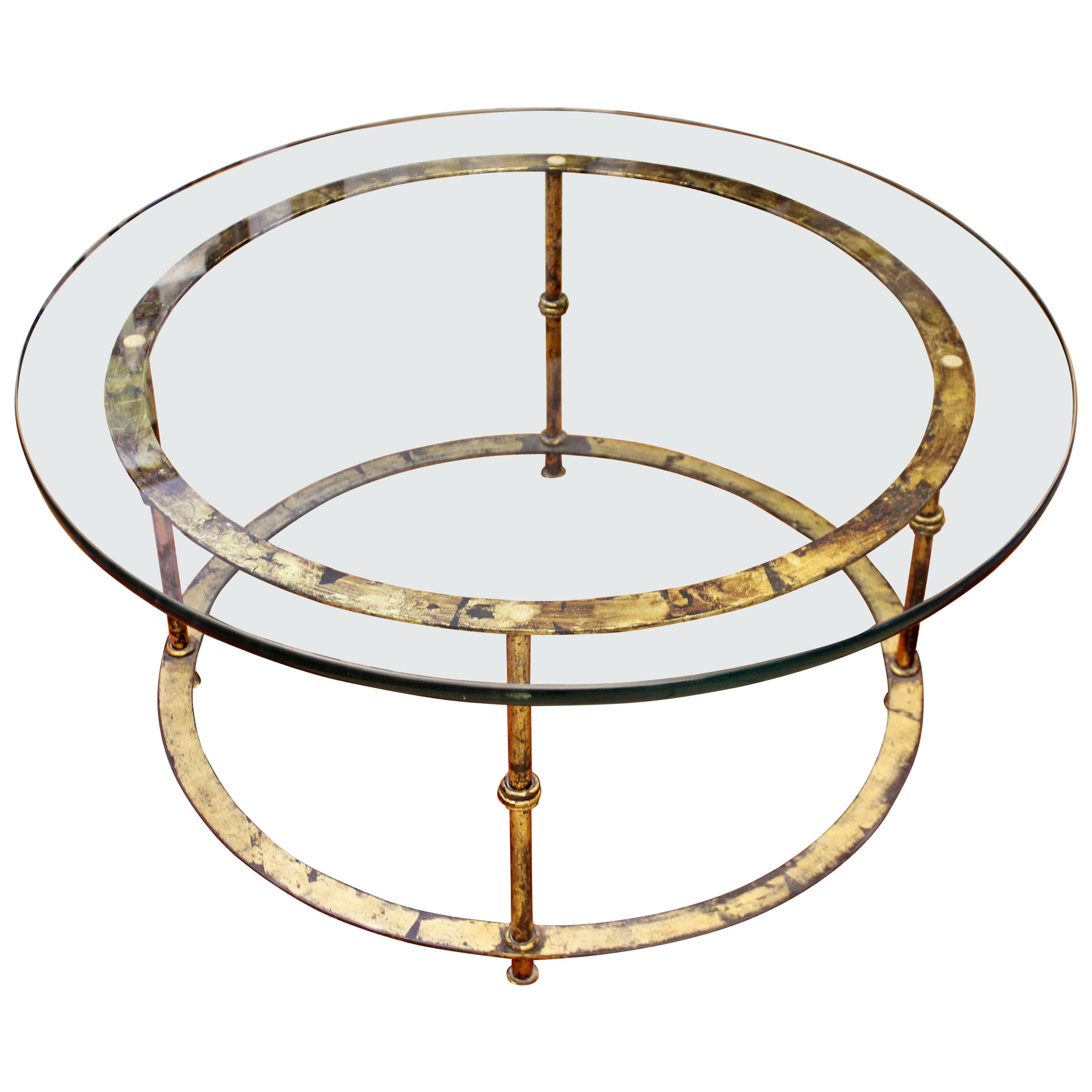 Mid-Century Modern Patina Brass and Glass Round Coffee Table, 1960s