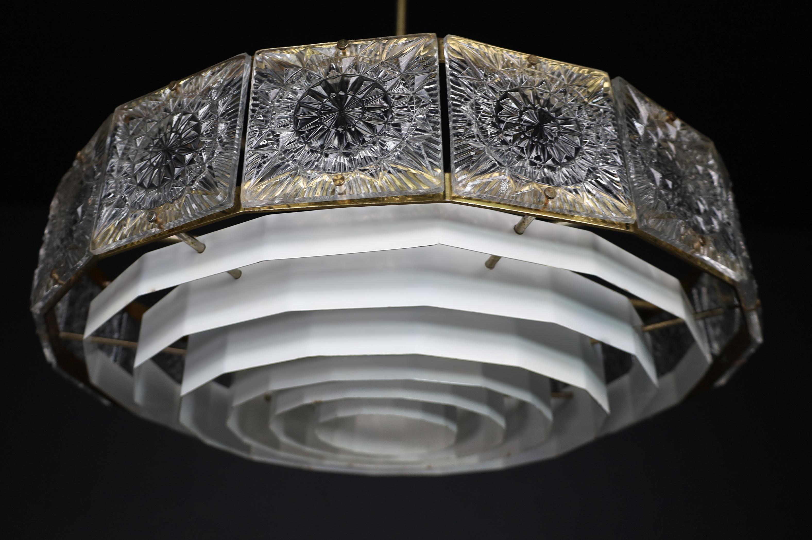20th Century Mid-Century Modern Patinated Brass and Bohemian Glass Chandelier, 1970s For Sale