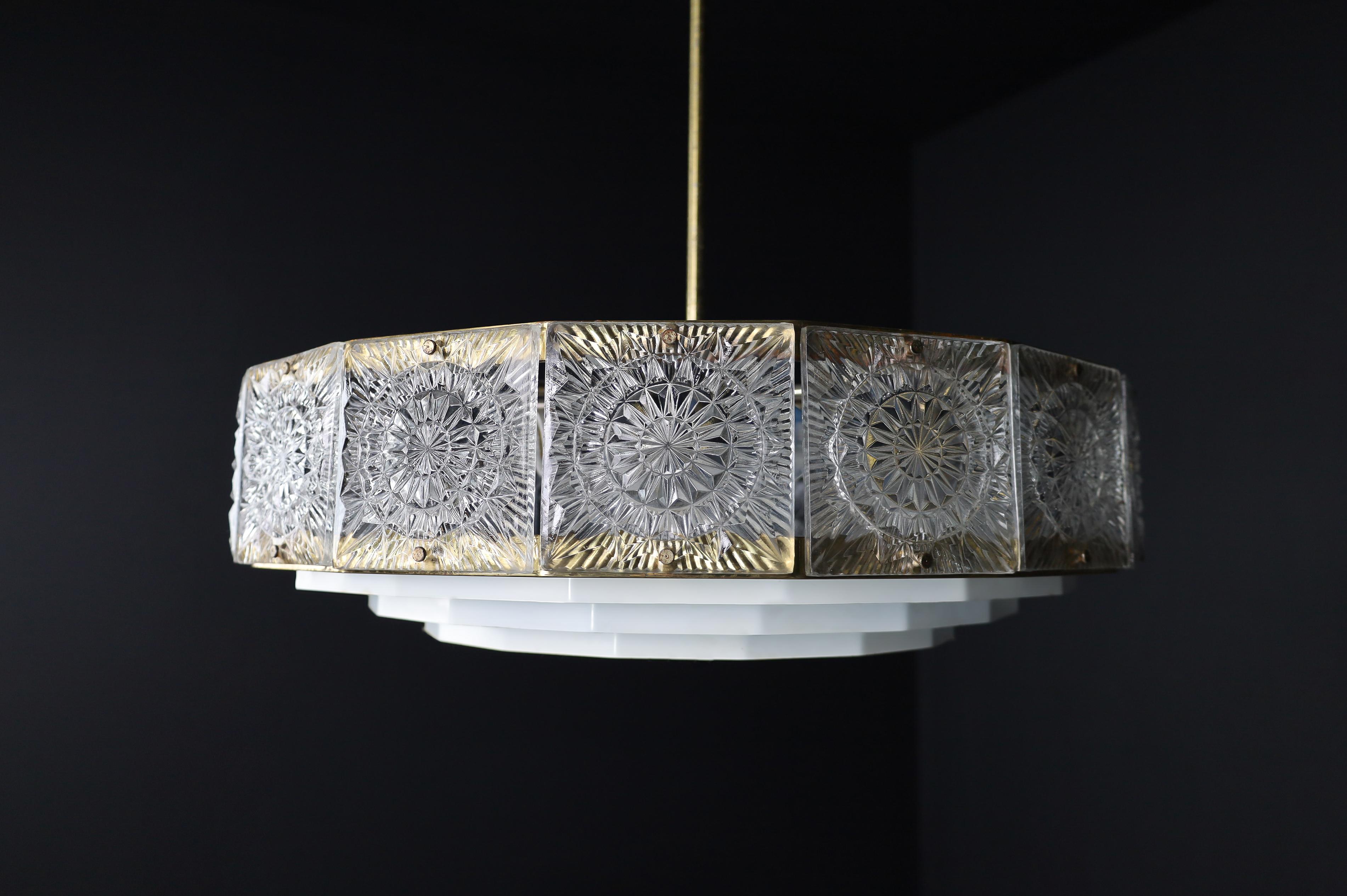 Metal Mid-Century Modern Patinated Brass and Bohemian Glass Chandelier, 1970s For Sale