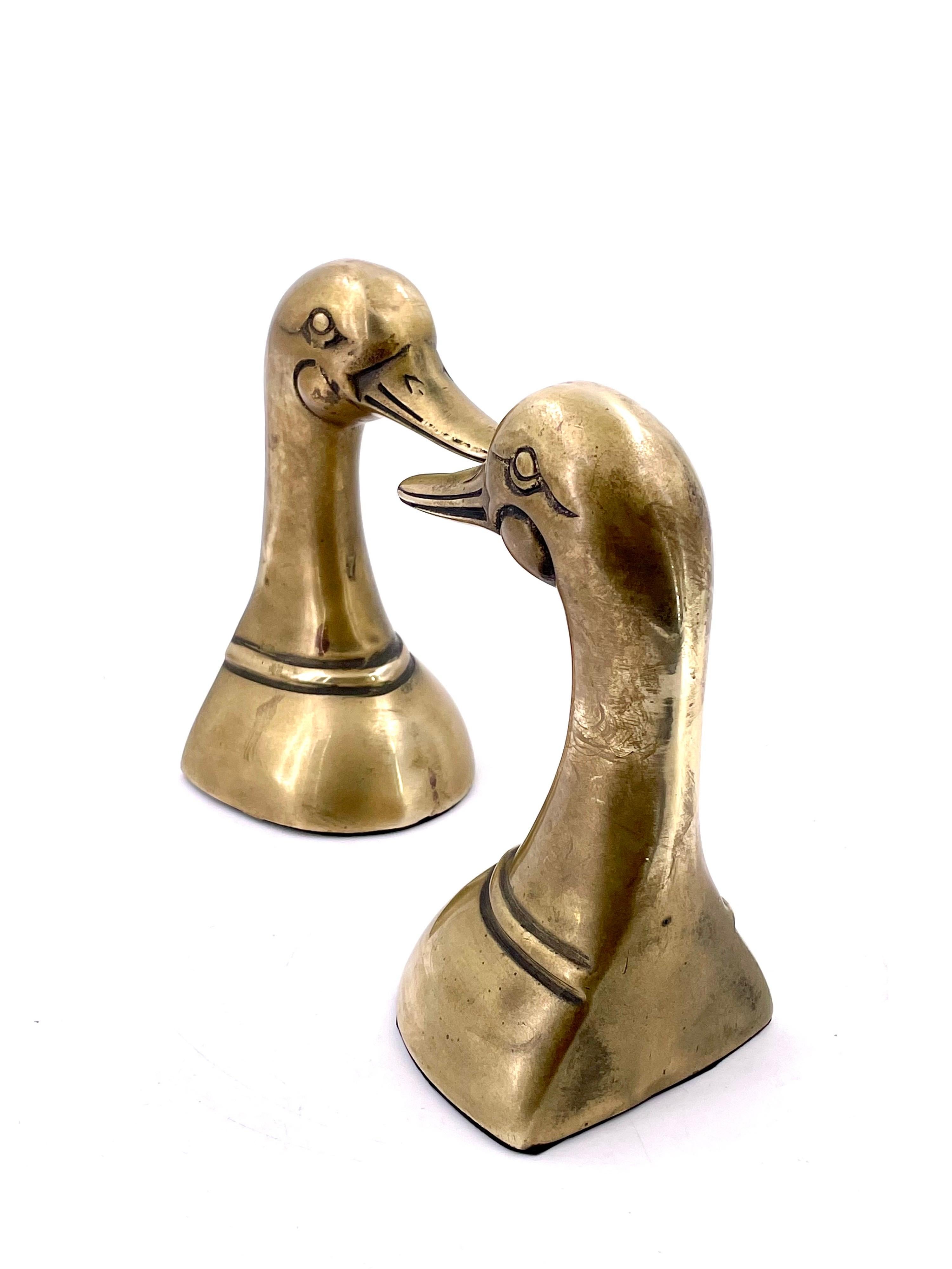 Hollywood Regency Mid-Century Modern Patinated Brass Duck Bookends