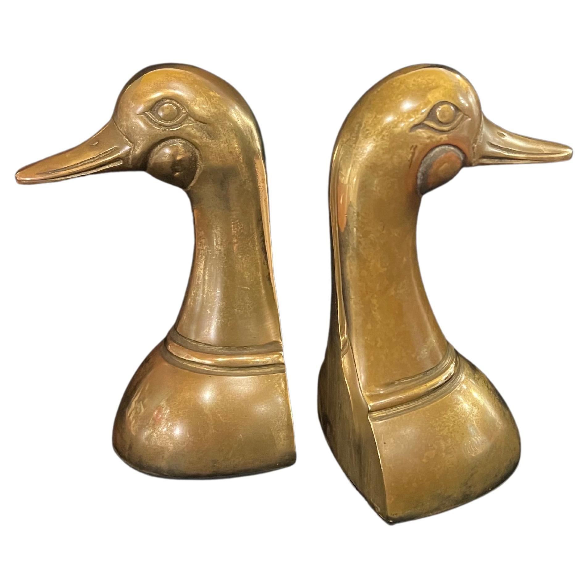 Hollywood Regency Mid-Century Modern Patinated Brass Duck Bookends