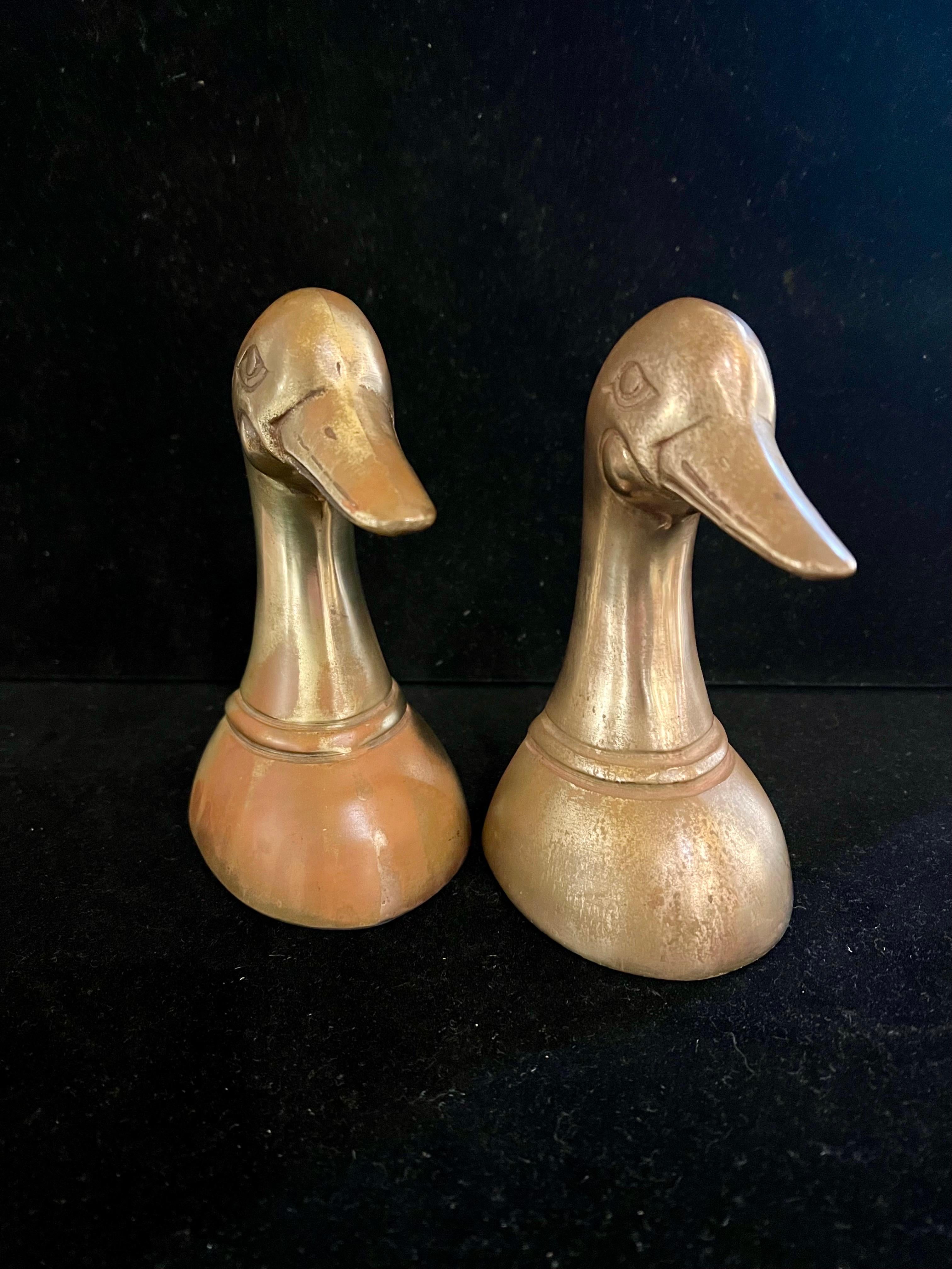 Hollywood Regency Mid-Century Modern Patinated Brass Duck Bookends For Sale