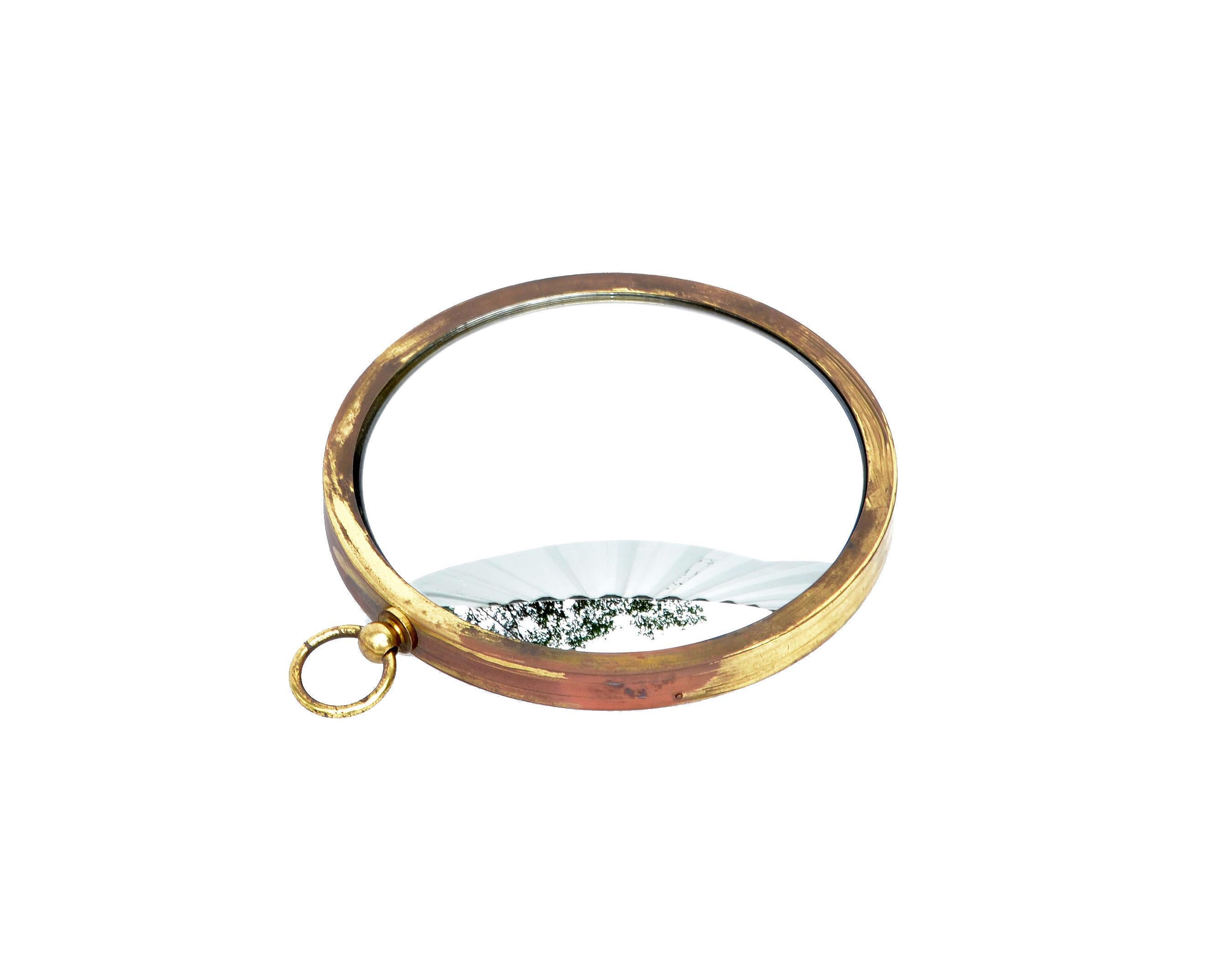 Mid-Century Modern Patinated Brass Pocket Watch Style Wall Mirror France 1960s In Good Condition In Miami, FL