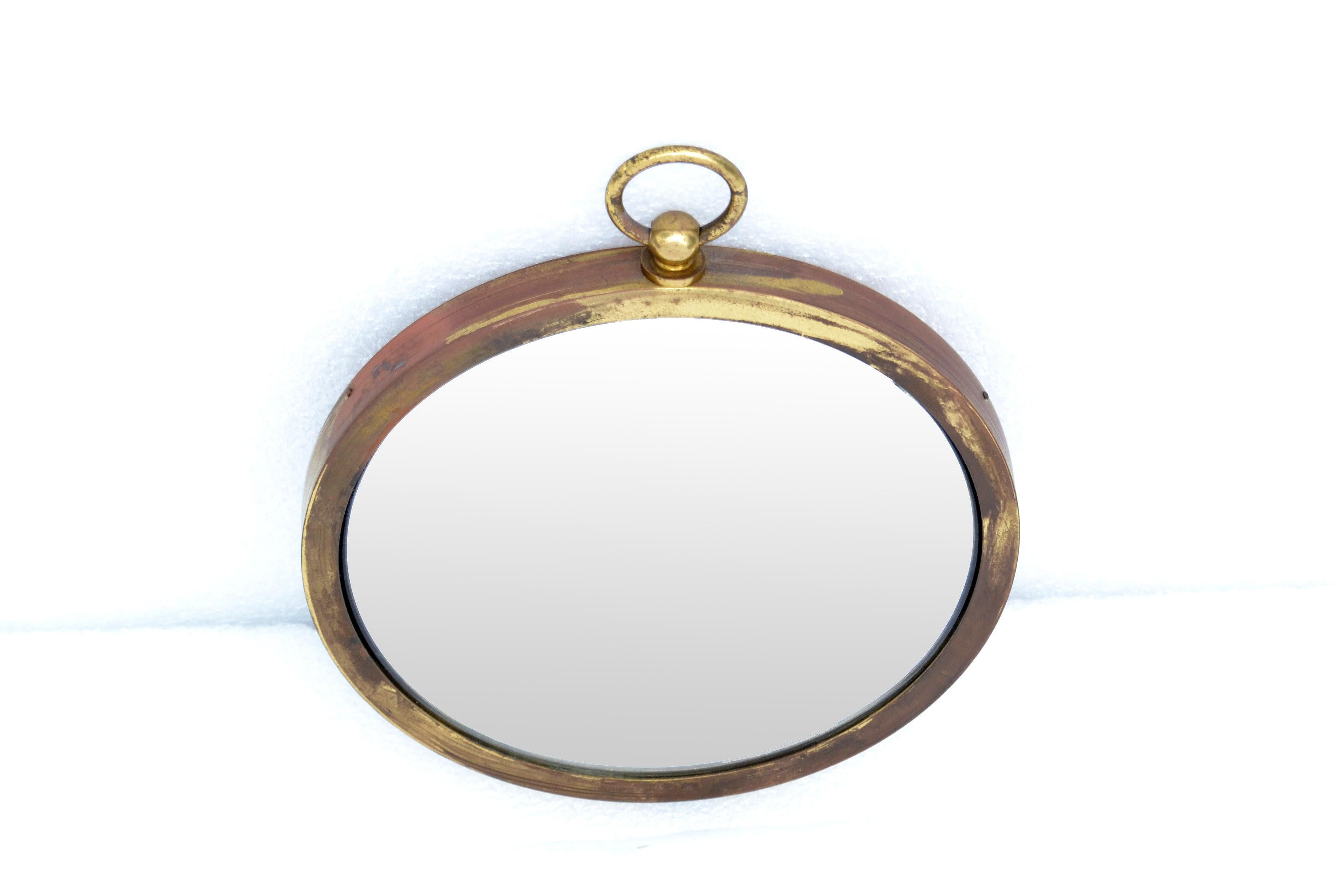 Mid-20th Century Mid-Century Modern Patinated Brass Pocket Watch Style Wall Mirror France 1960s