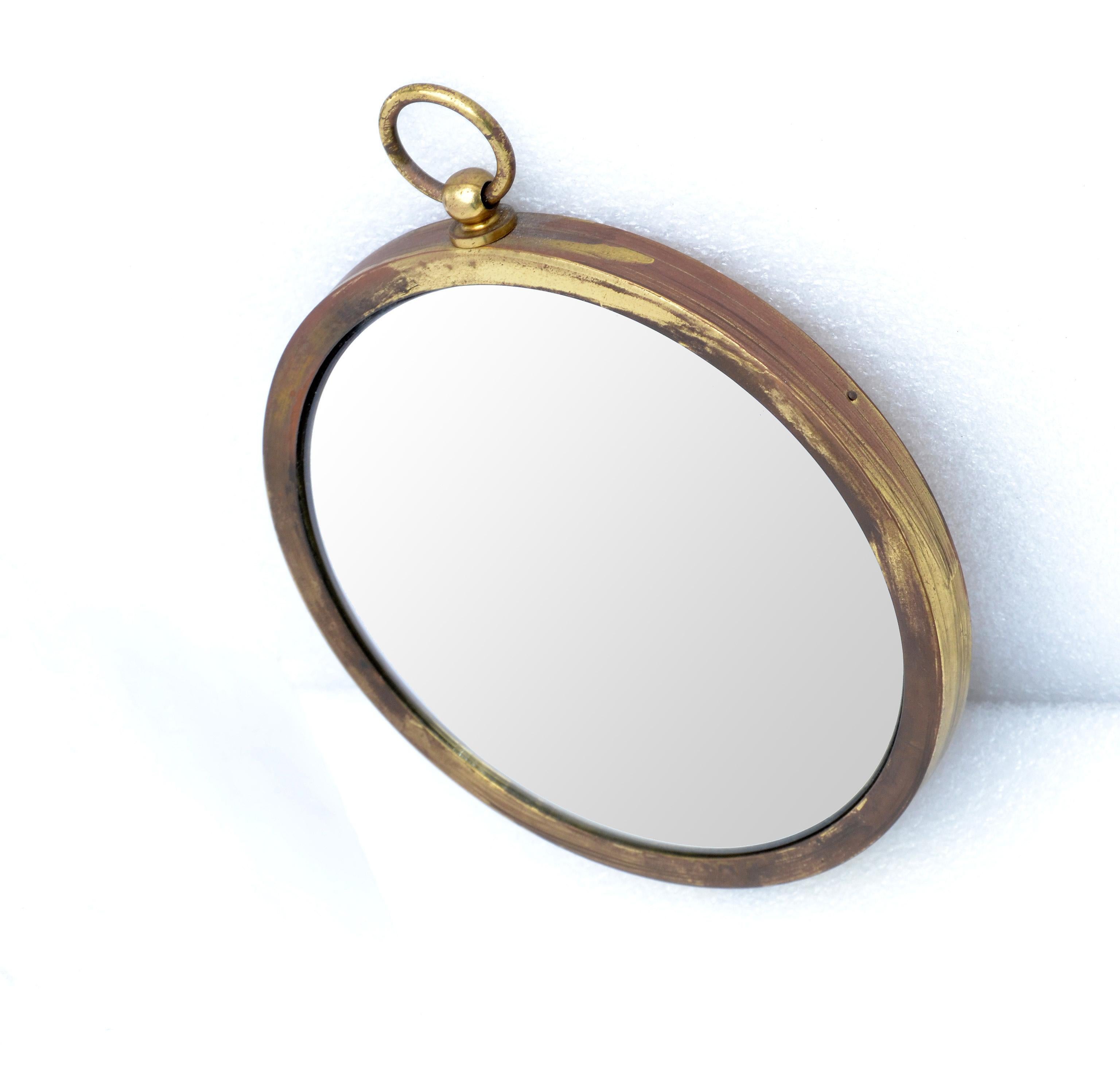 Mid-Century Modern Patinated Brass Pocket Watch Style Wall Mirror France 1960s 2