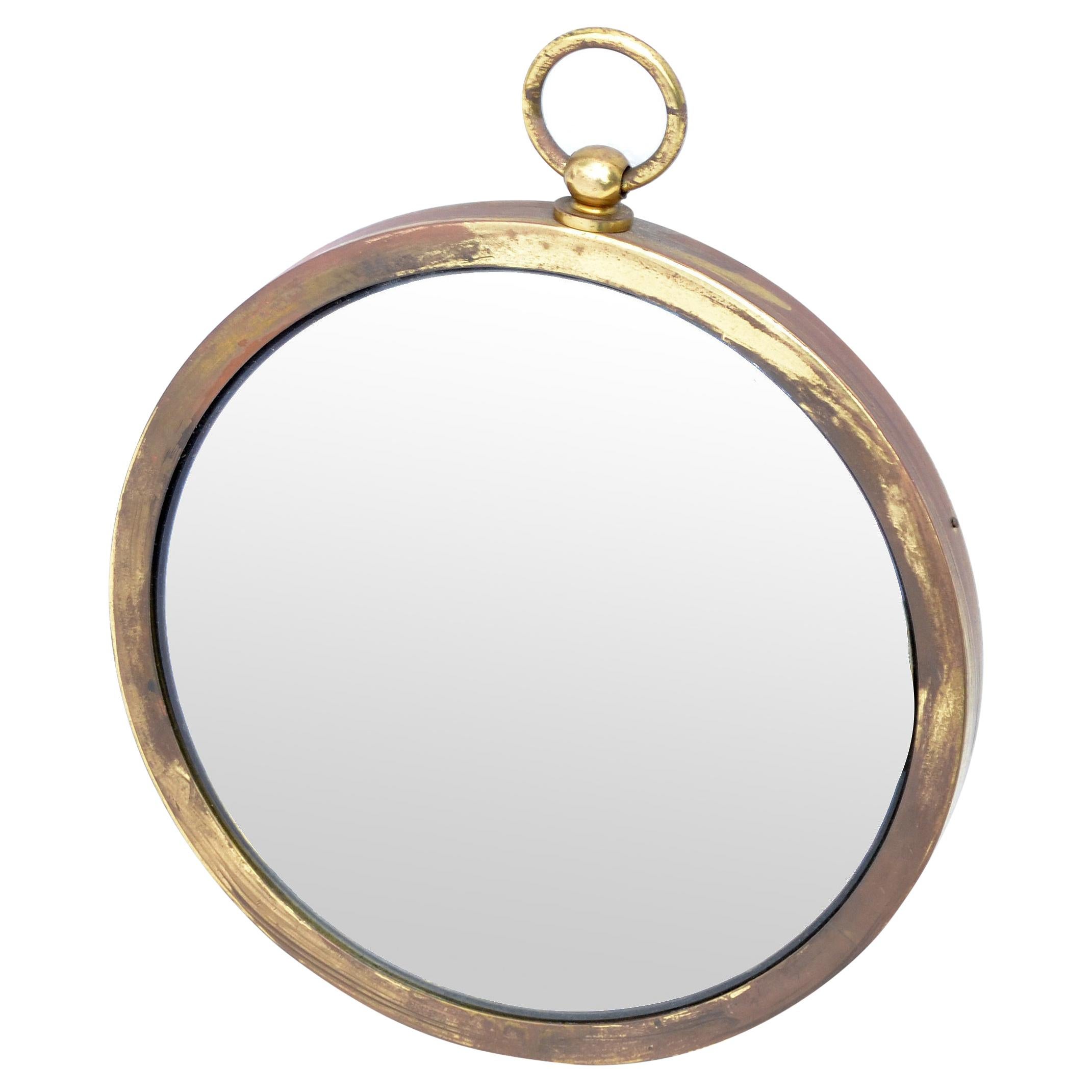 Mid-Century Modern Patinated Brass Pocket Watch Style Wall Mirror France 1960s