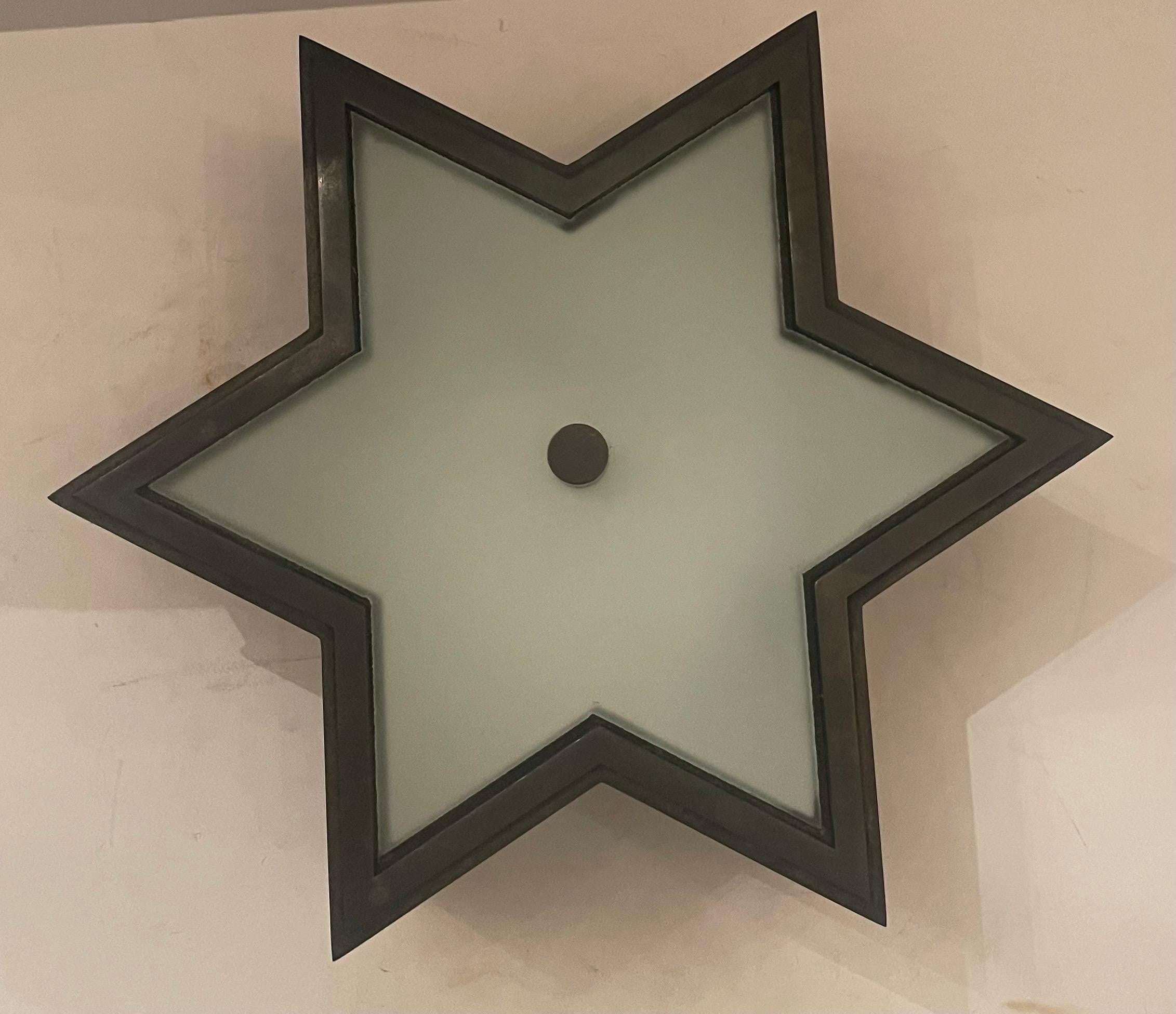 Frosted Mid-Century Modern Patinated Bronze Star Glass Flush Mount Light Ceiling Fixture For Sale