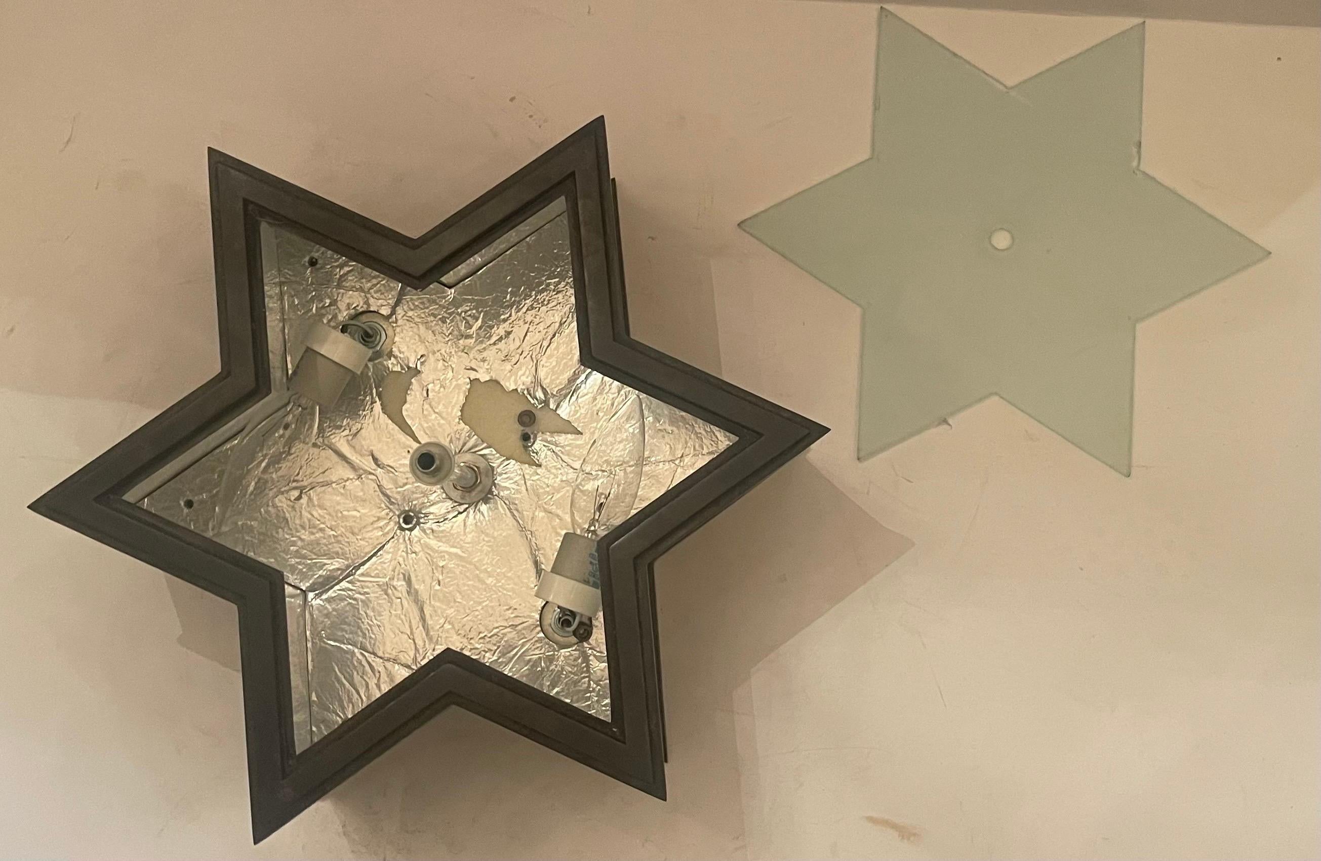 20th Century Mid-Century Modern Patinated Bronze Star Glass Flush Mount Light Ceiling Fixture For Sale