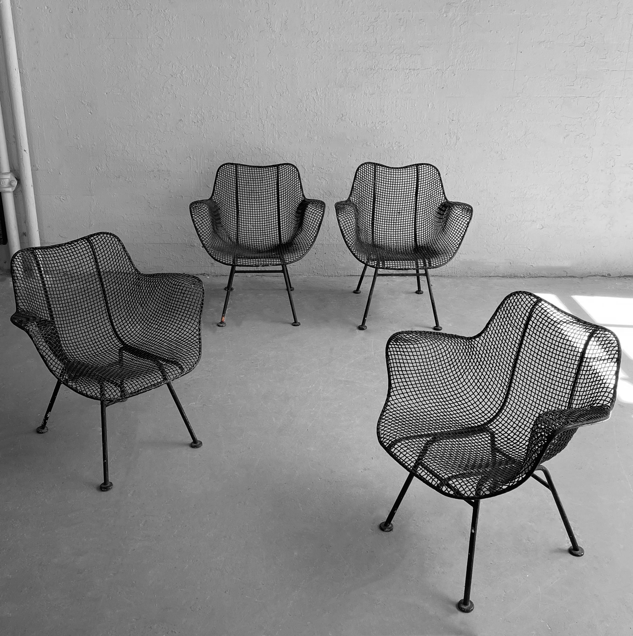 Set of four, iconic, Mid-Century Modern, wrought iron mesh and steel, outdoor/patio, armchairs by Russell Woodard, Sculptura.