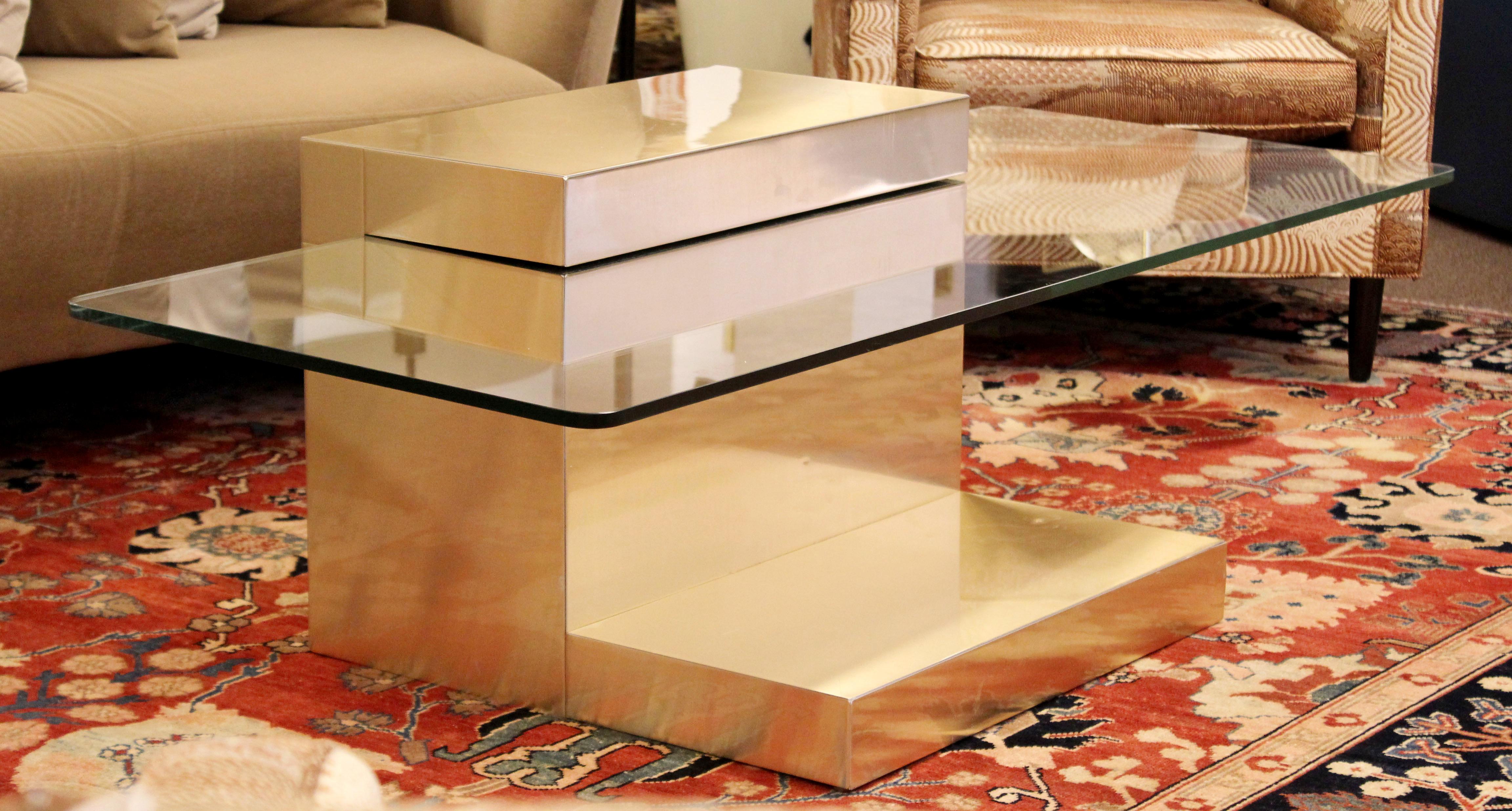 American Mid-Century Modern Paul Evans Cantilever Brass Glass Cityscape Coffee Table