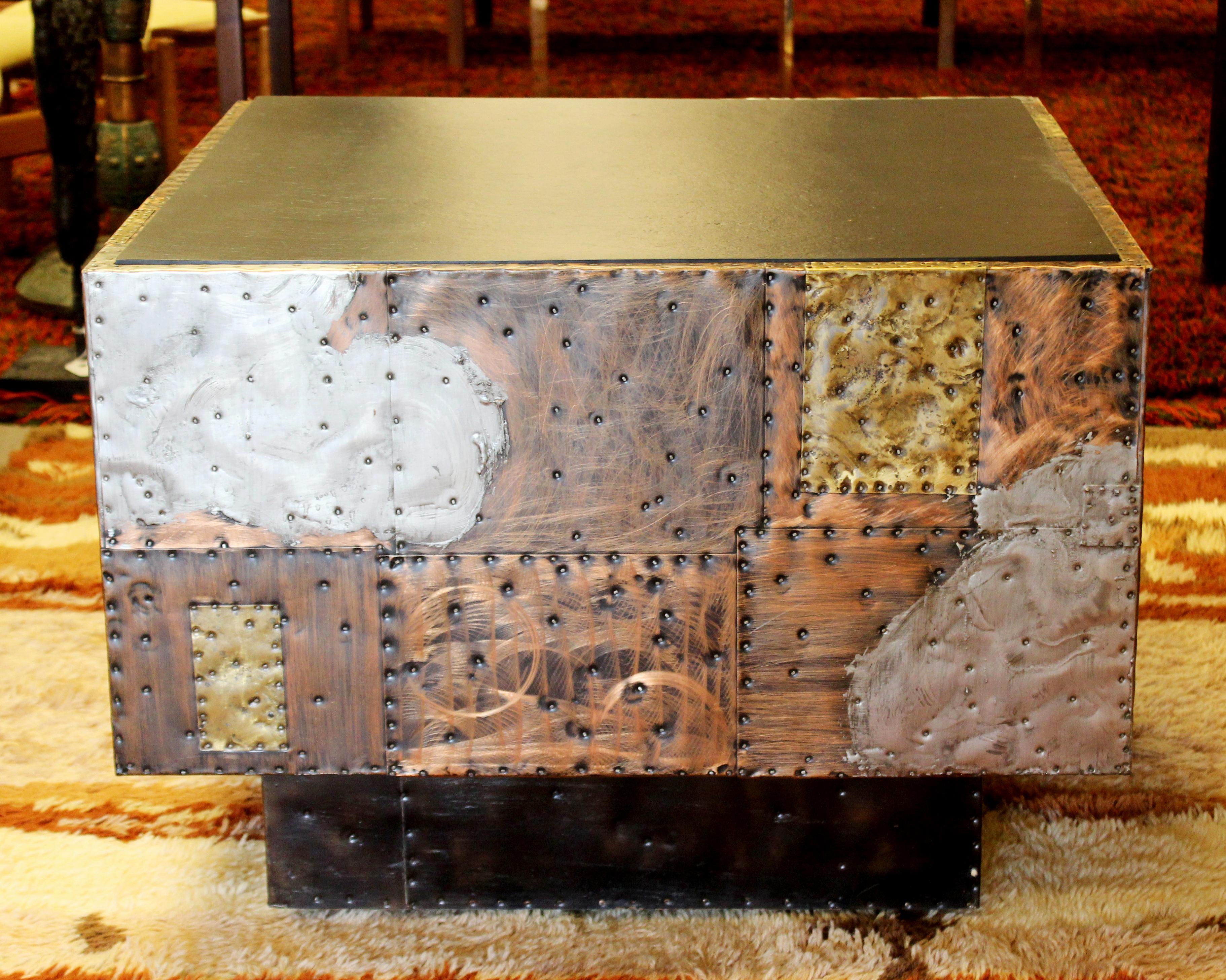 American Mid-Century Modern Paul Evans Cube Coffee Table Slate Top Copper Patchwork 1970s
