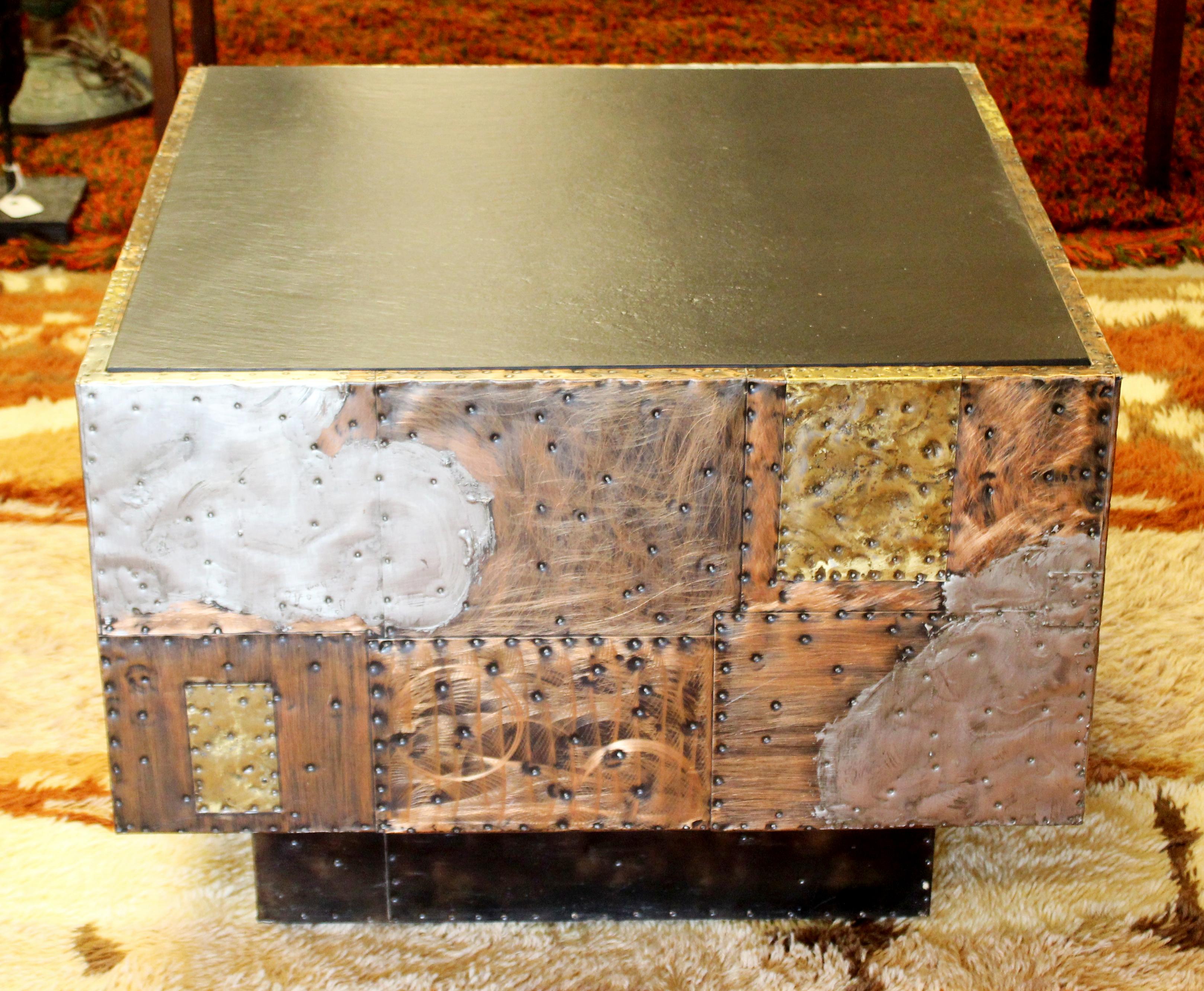 Mid-Century Modern Paul Evans Cube Coffee Table Slate Top Copper Patchwork 1970s In Good Condition In Keego Harbor, MI