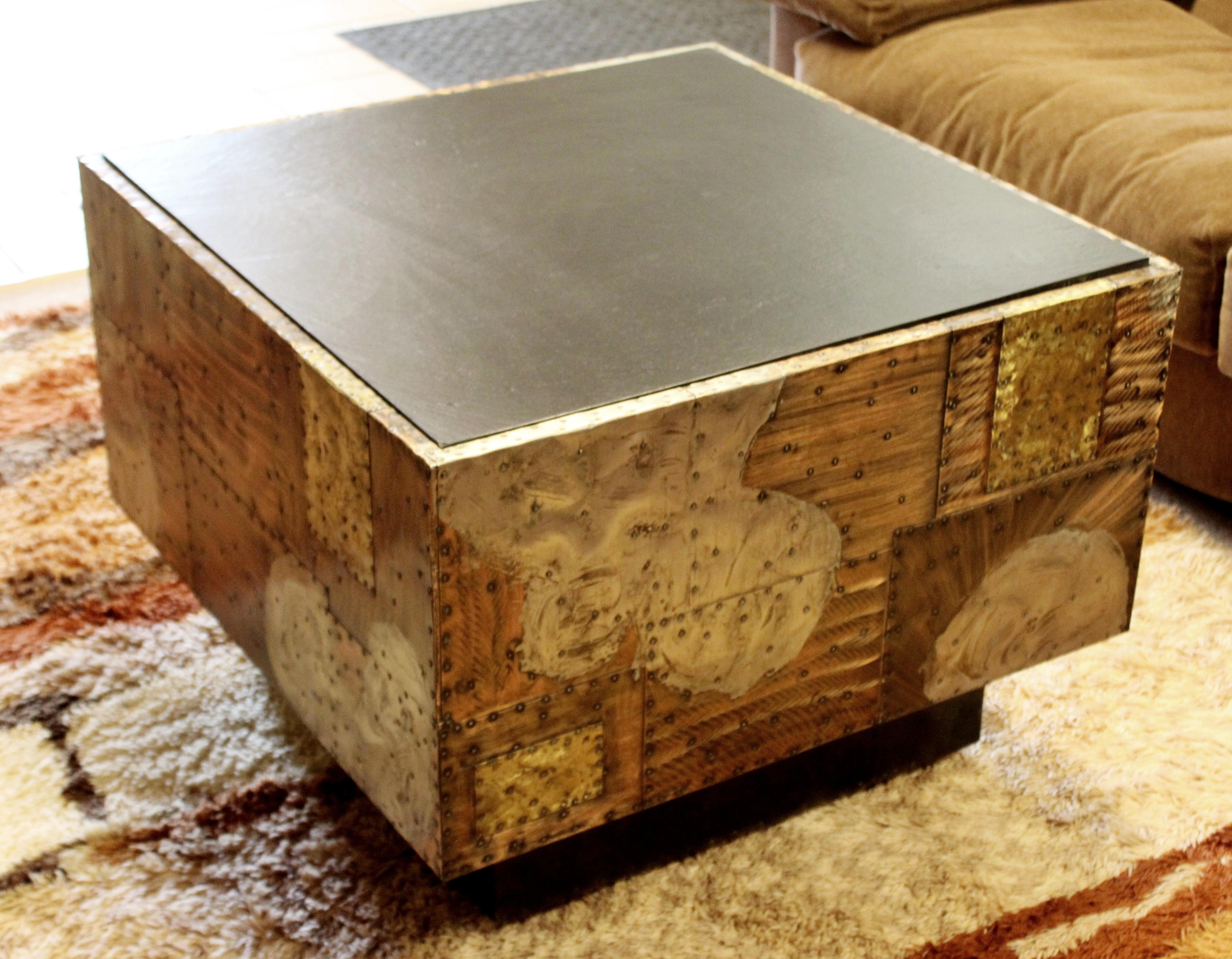 Mid-Century Modern Paul Evans Cube Coffee Table Slate Top Copper Patchwork 1970s 1