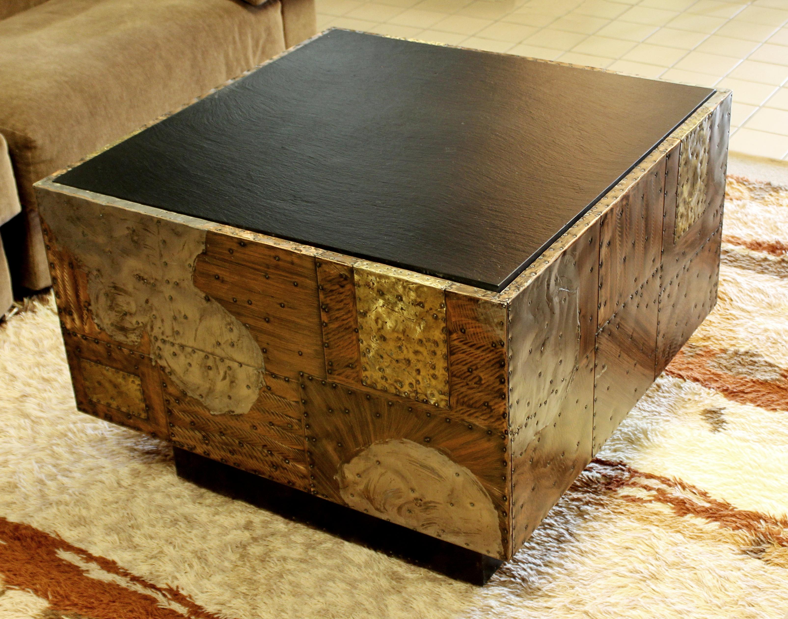 Mid-Century Modern Paul Evans Cube Coffee Table Slate Top Copper Patchwork 1970s 2