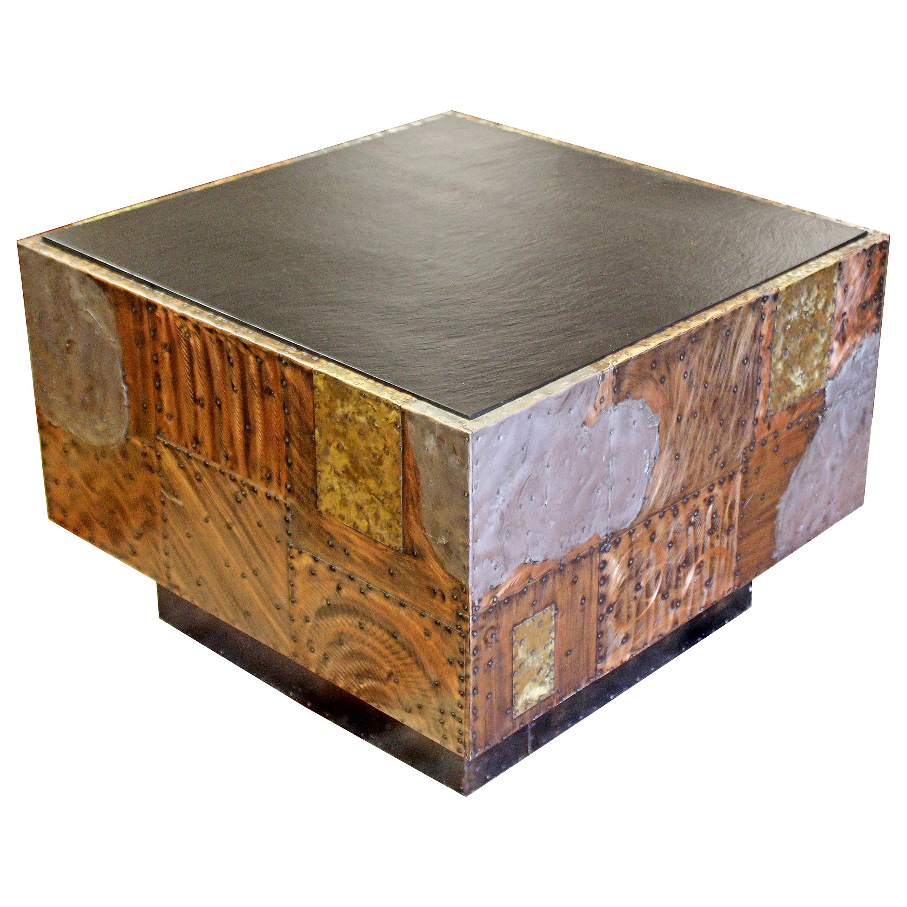 Mid-Century Modern Paul Evans Cube Coffee Table Slate Top Copper Patchwork 1970s
