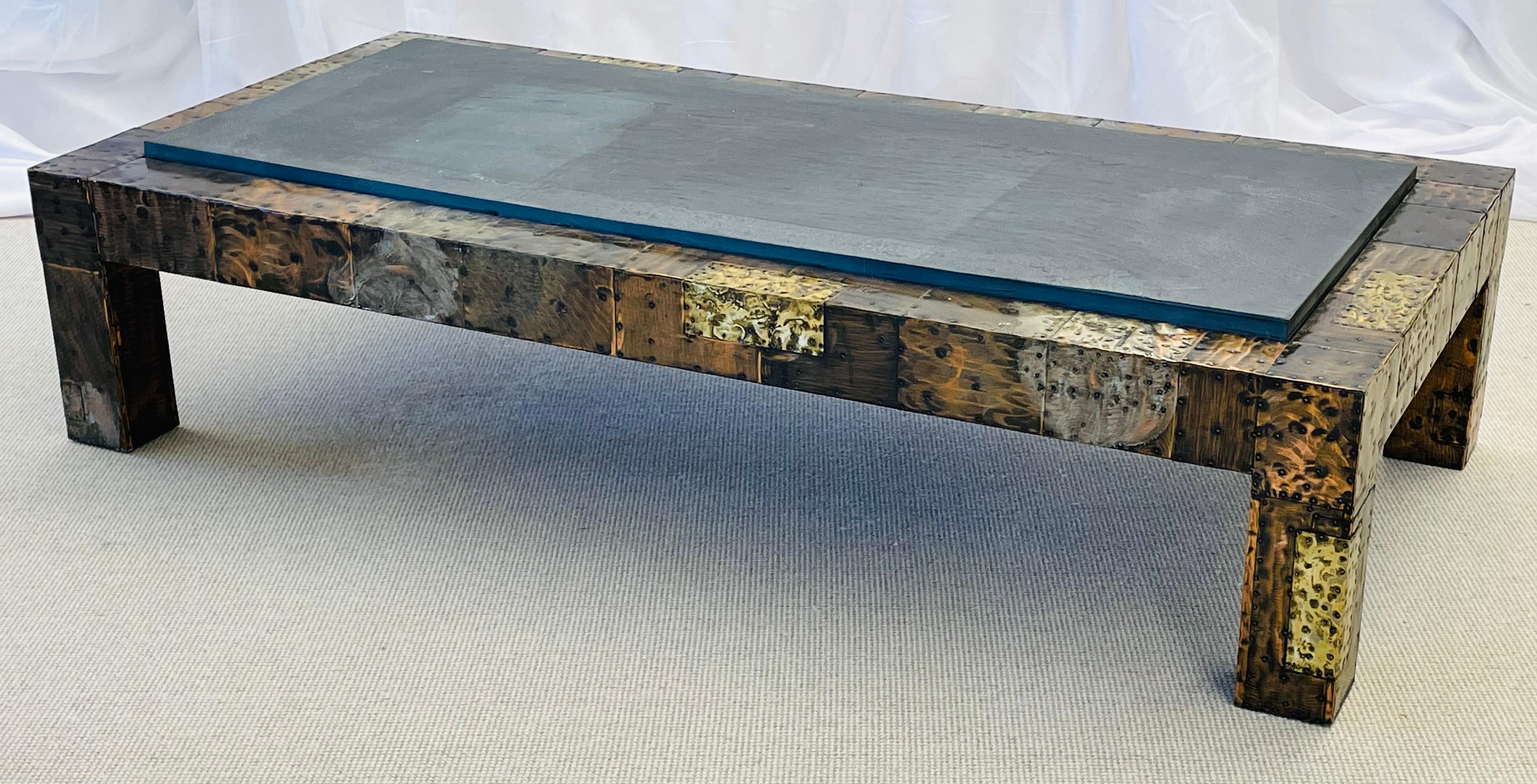 Mid-Century Modern Paul Evans for Directional Brutalist patchwork metal large coffee table

Slate top, patchwork metal base. Fantastic original condition.