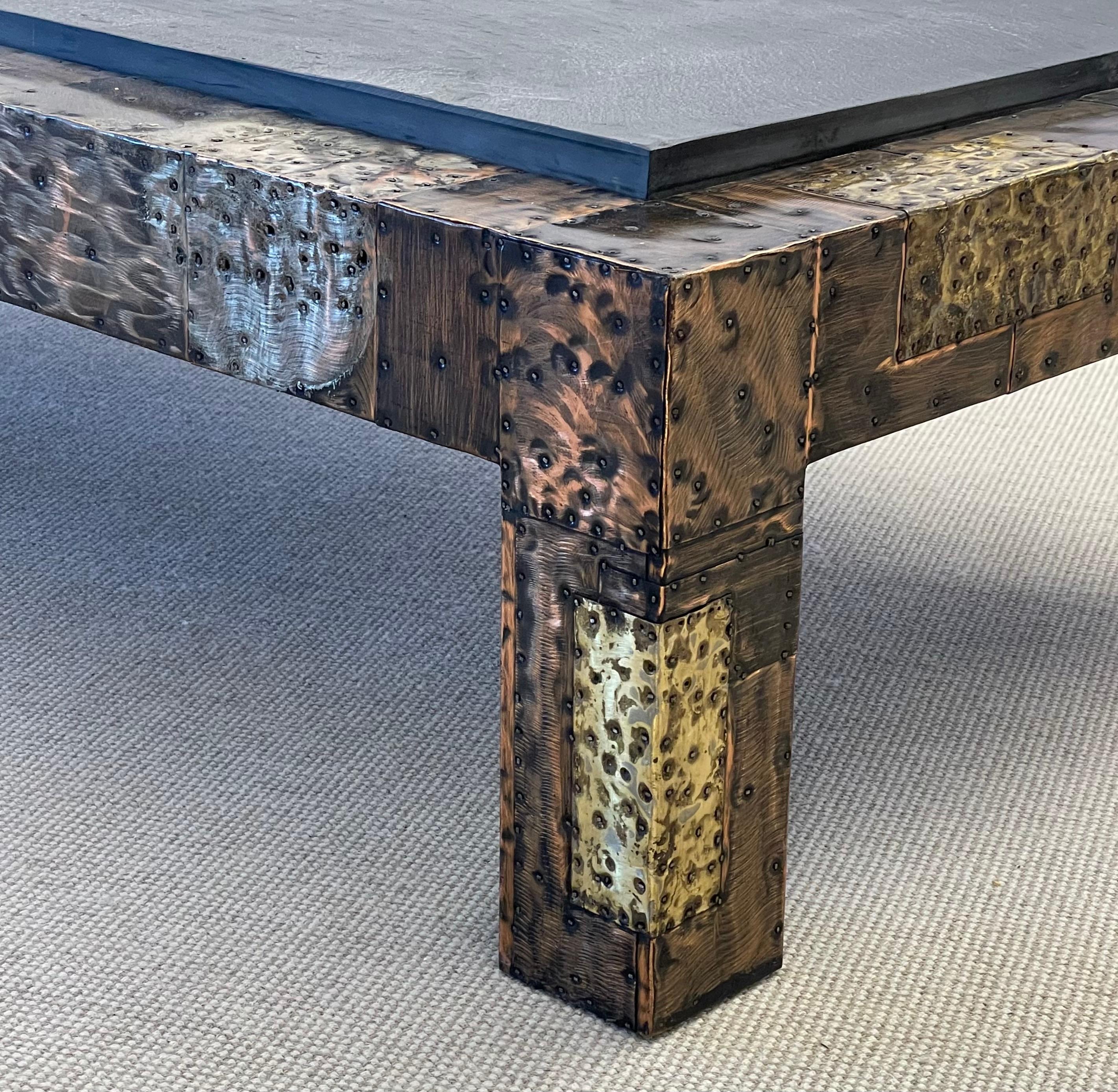 Paul Evans, Directional, Mid-Century Modern Coffee Table, Patchwork Metal, Slate In Good Condition For Sale In Stamford, CT