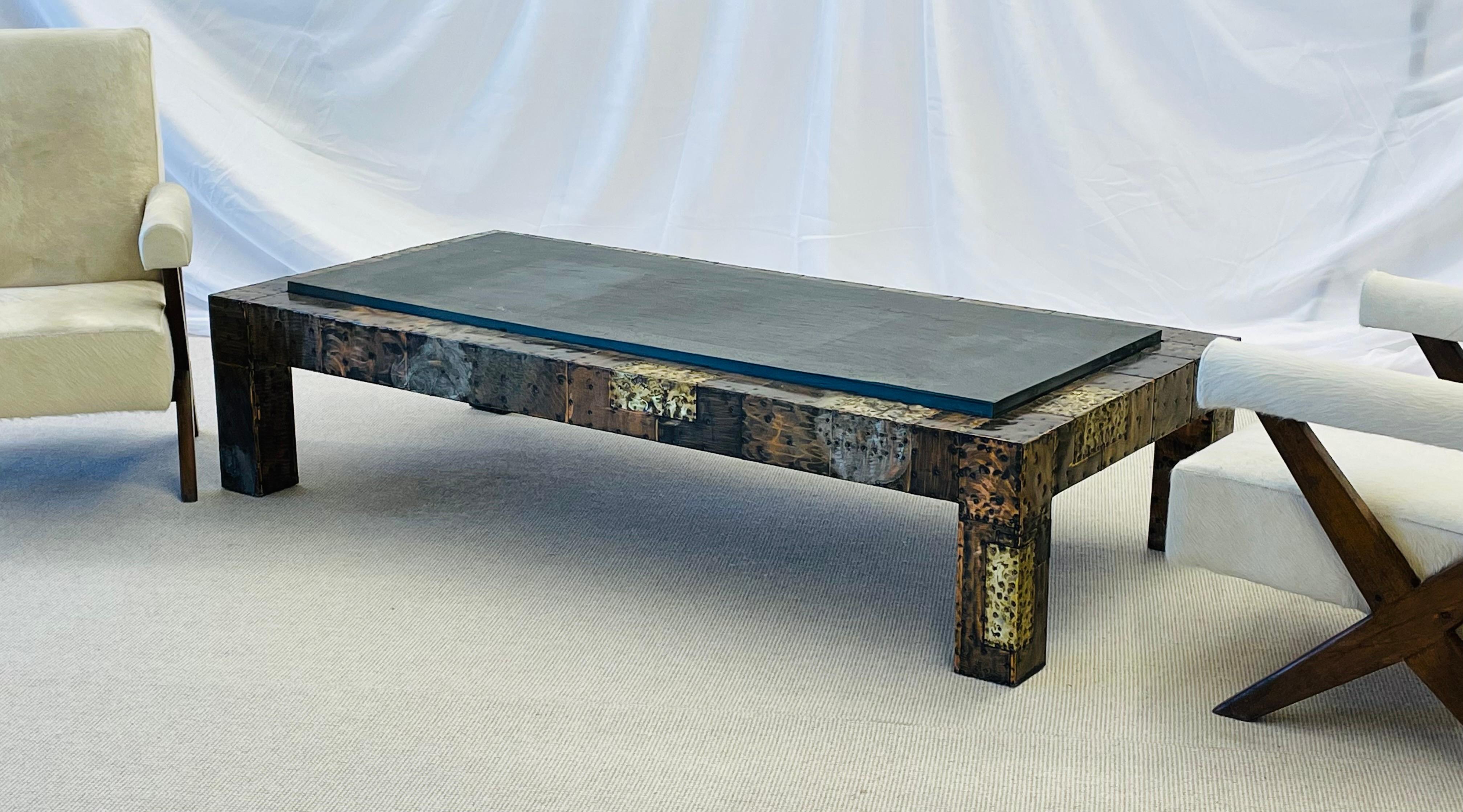 Paul Evans, Directional, Mid-Century Modern Coffee Table, Patchwork Metal, Slate For Sale 5
