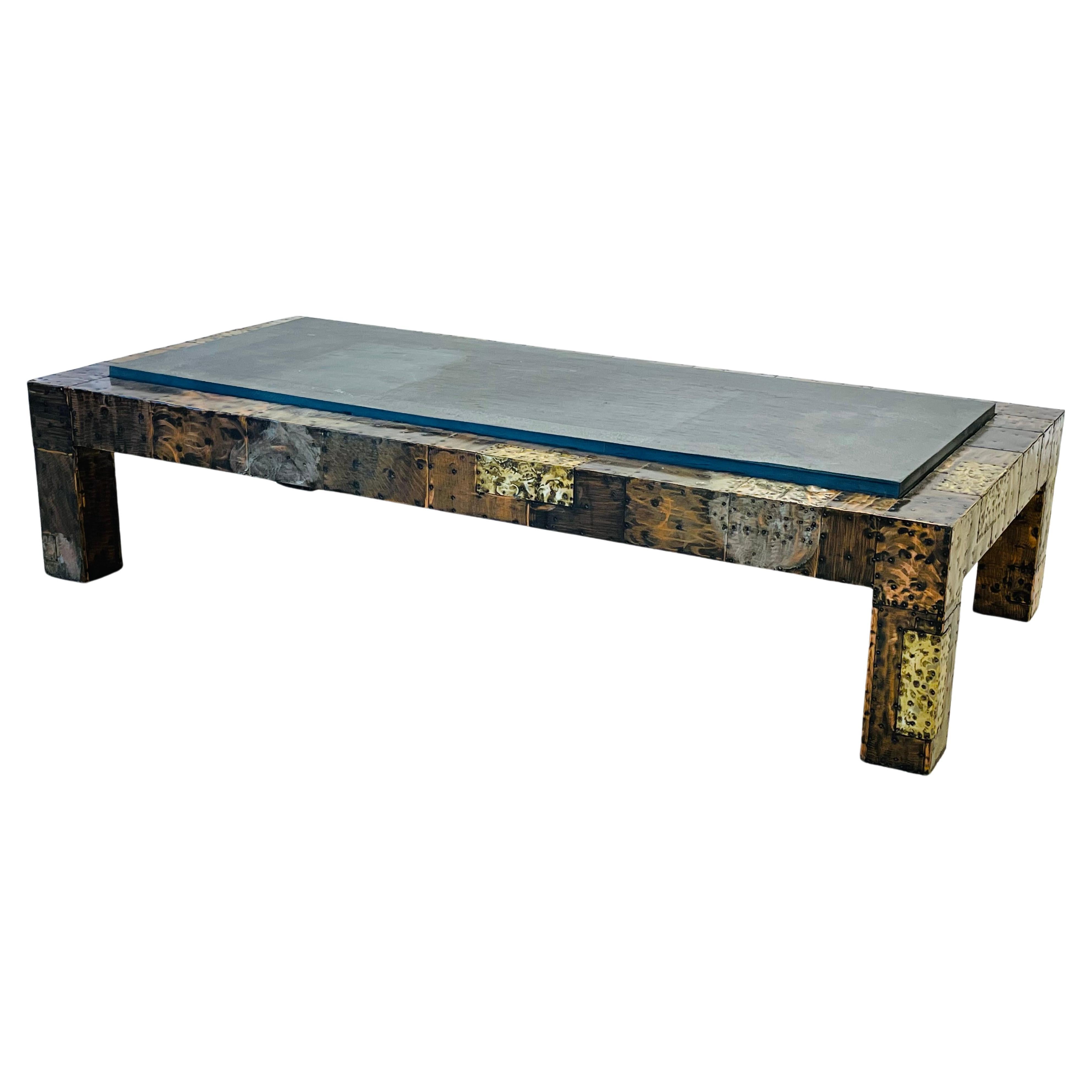 Paul Evans, Directional, Mid-Century Modern Coffee Table, Patchwork Metal, Slate For Sale