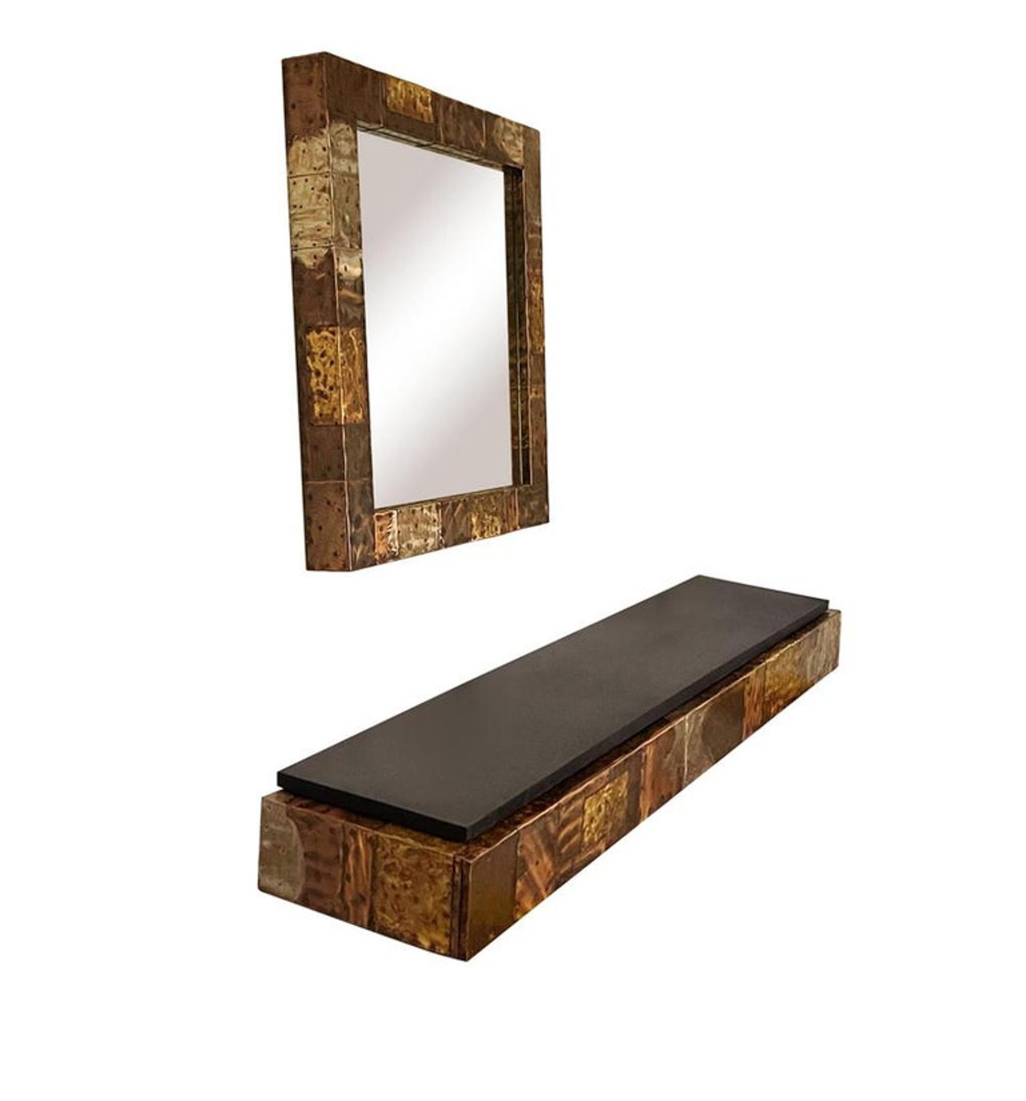 Mid-Century Modern Paul Evans Patchwork Hanging Shelf Console Table & Mirror For Sale 3