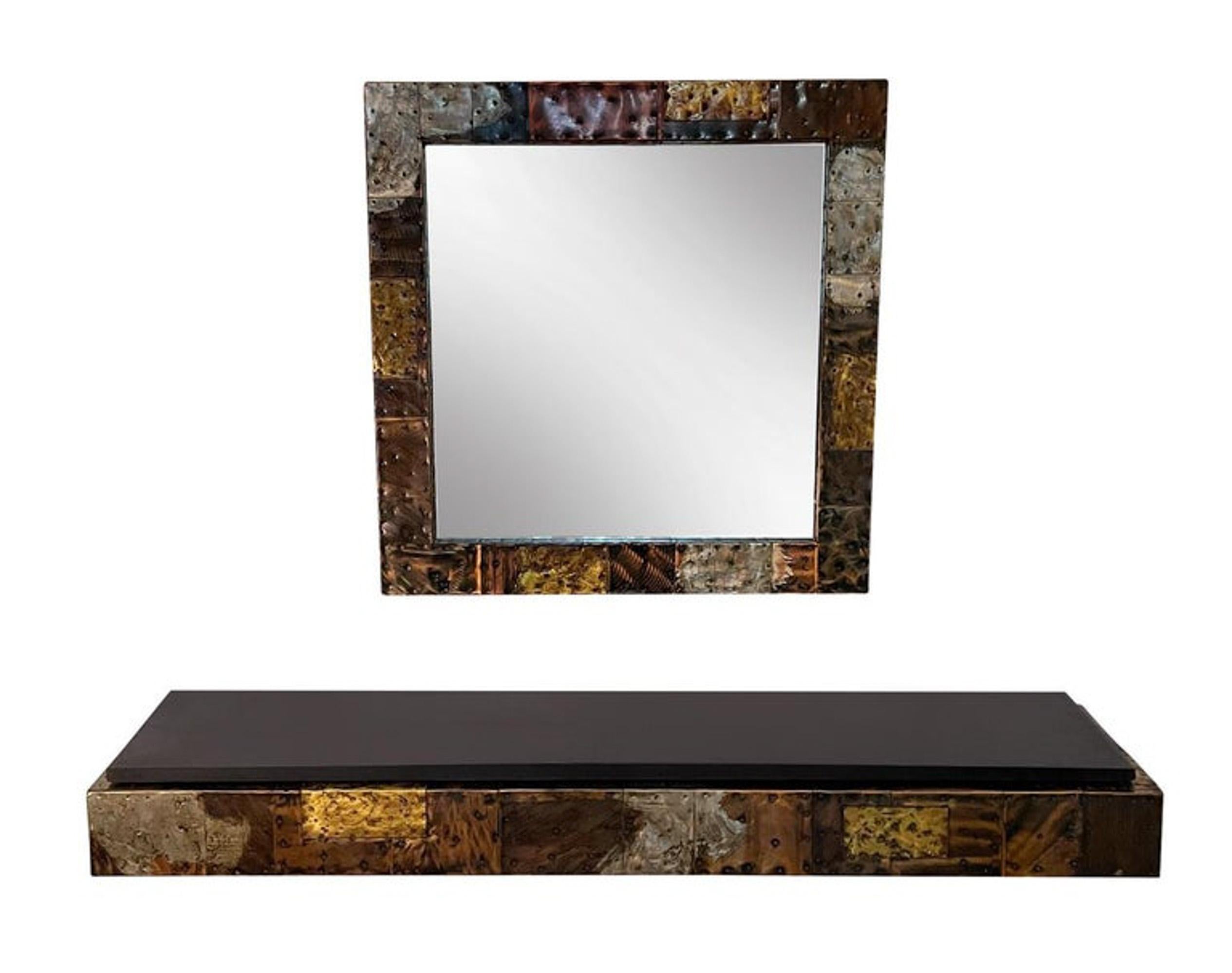 Mid-Century Modern Paul Evans Patchwork Hanging Shelf Console Table & Mirror For Sale 4