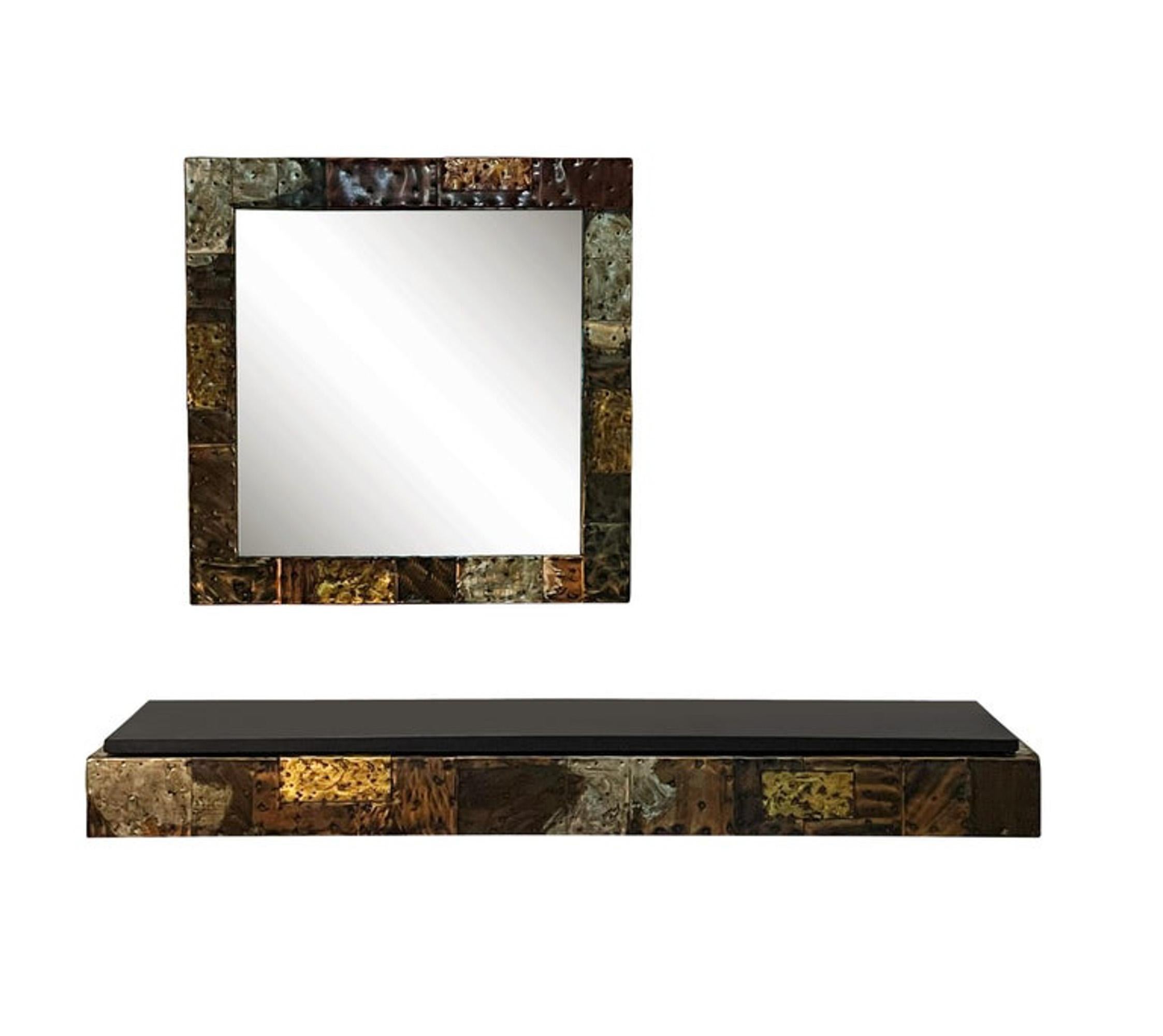 Brutalist Mid-Century Modern Paul Evans Patchwork Hanging Shelf Console Table & Mirror For Sale
