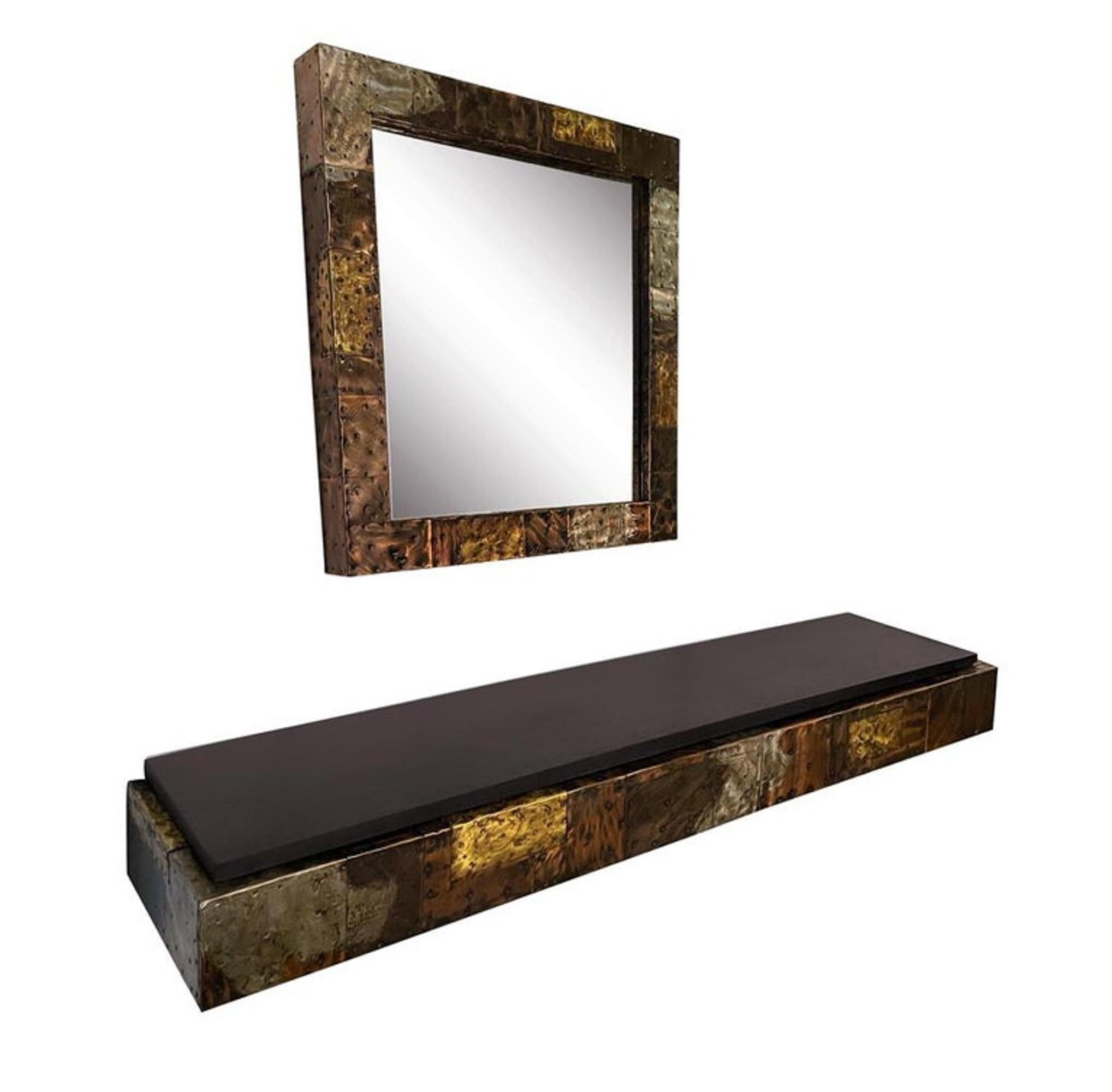 American Mid-Century Modern Paul Evans Patchwork Hanging Shelf Console Table & Mirror For Sale