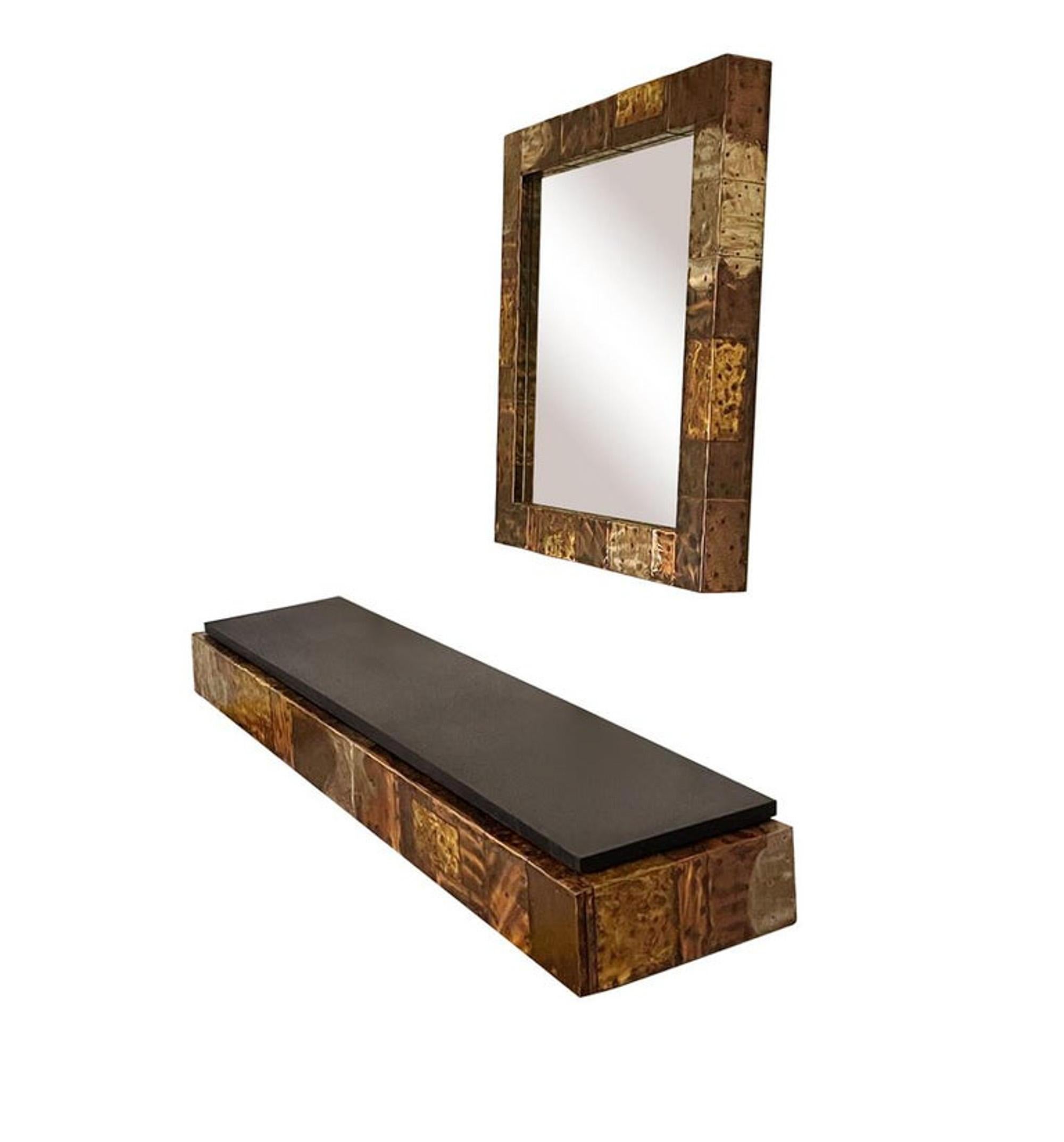 Mid-Century Modern Paul Evans Patchwork Hanging Shelf Console Table & Mirror In Good Condition For Sale In Philadelphia, PA