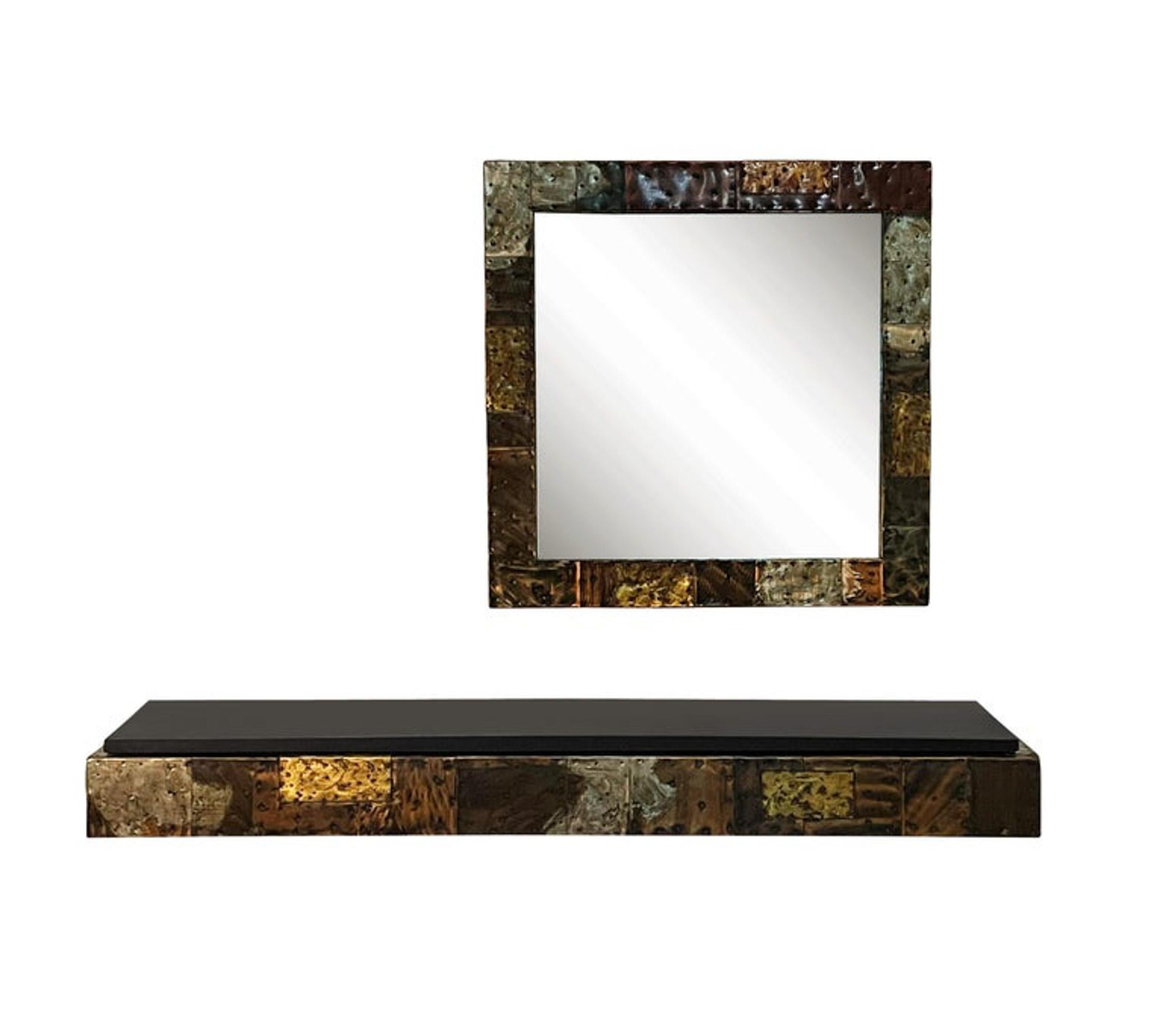Late 20th Century Mid-Century Modern Paul Evans Patchwork Hanging Shelf Console Table & Mirror For Sale