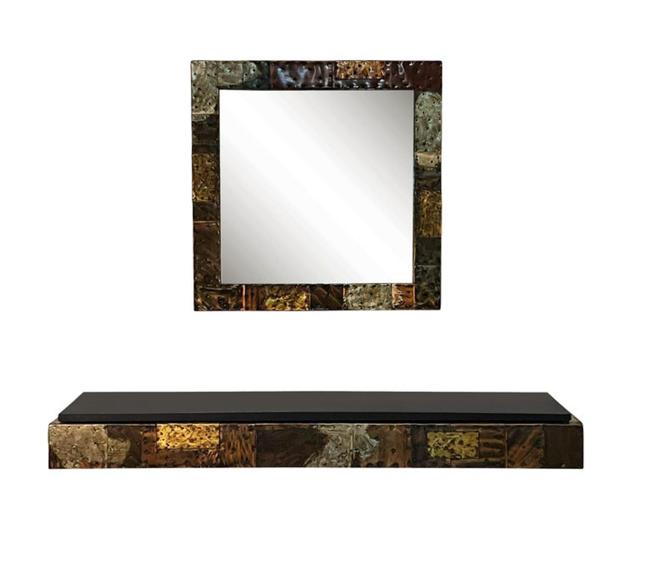 Bronze Mid-Century Modern Paul Evans Patchwork Hanging Shelf Console Table & Mirror For Sale