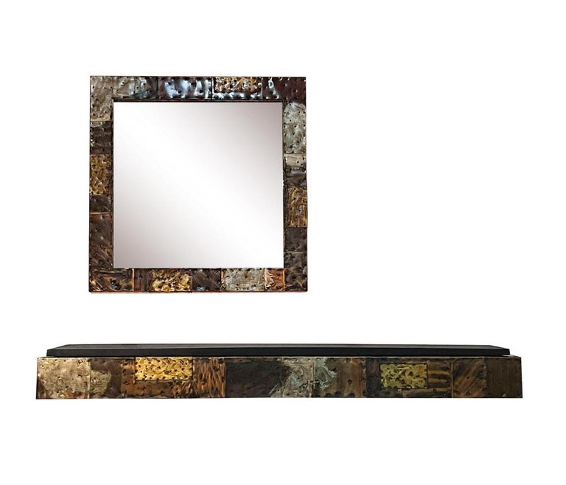 Mid-Century Modern Paul Evans Patchwork Hanging Shelf Console Table & Mirror For Sale 1
