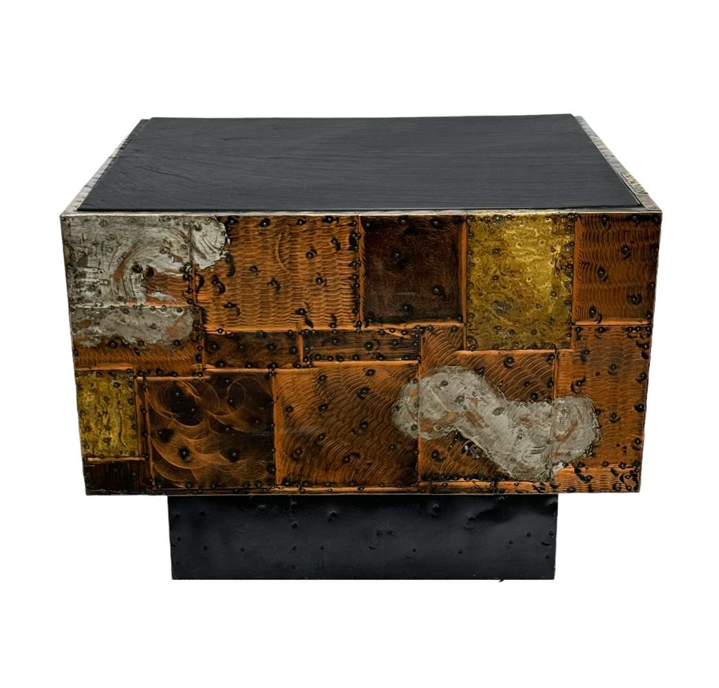 Paul Evans studio square patchwork cube table circa early 1960's in New Hope PA. It features copper, bronze and pewter cladding in a patchwork design.  In very good well cared for condition.