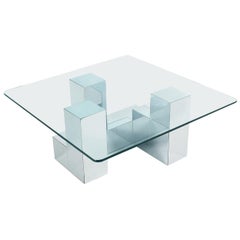 Table à cocktail carrée en verre et chrome de style Paul Evans, mi-siècle moderne