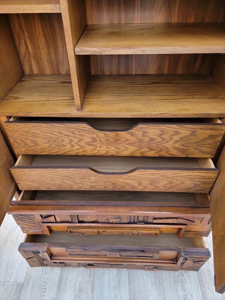 Mid-Century Modern Paul Evans Style Lane Pueblo Brutalist Walnut Armoire Chest In Good Condition In Chicago, IL
