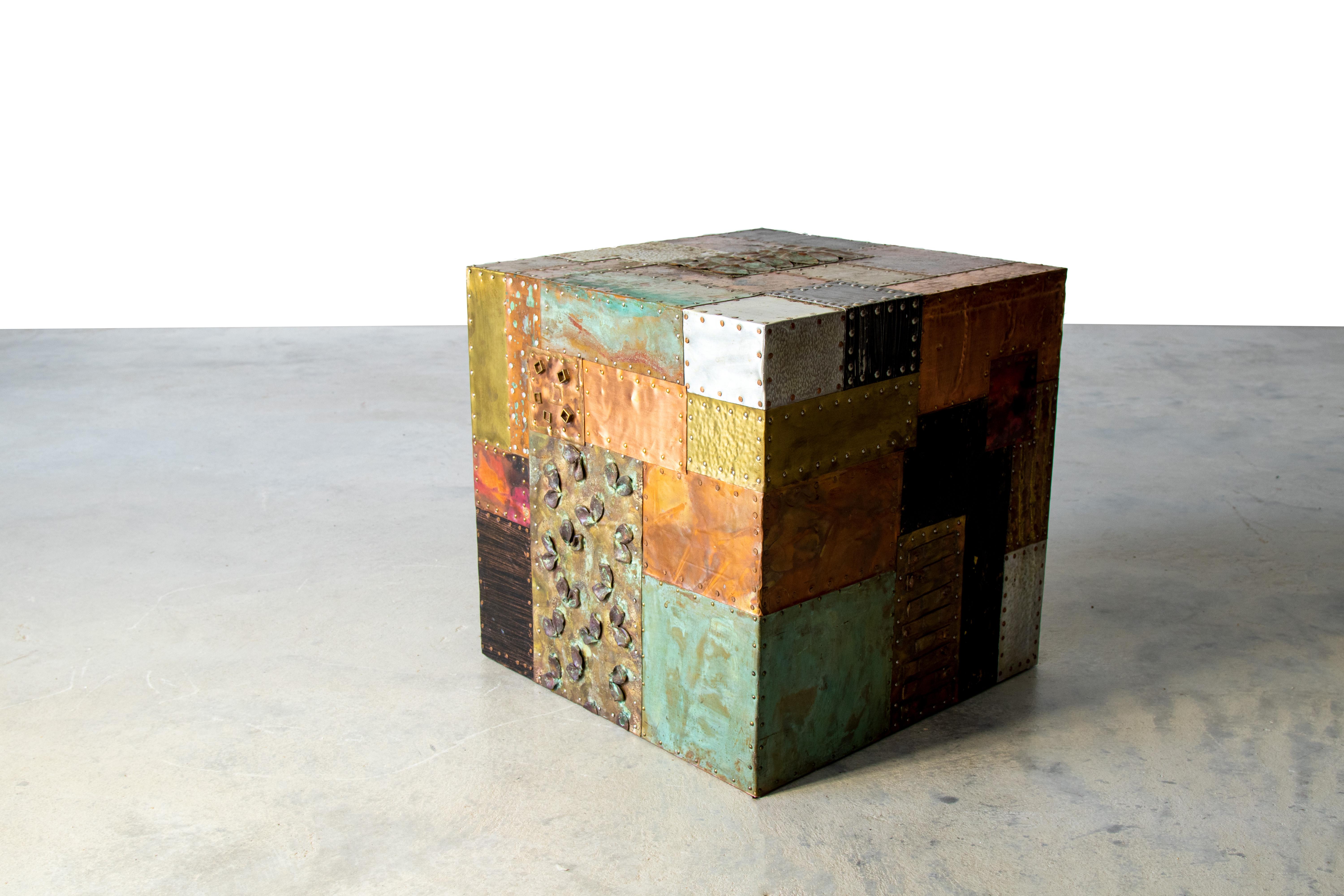 Mid-Century Modern Mid Century Modern Paul Evans Style Patchwork Brutalist Metal Cube End Table