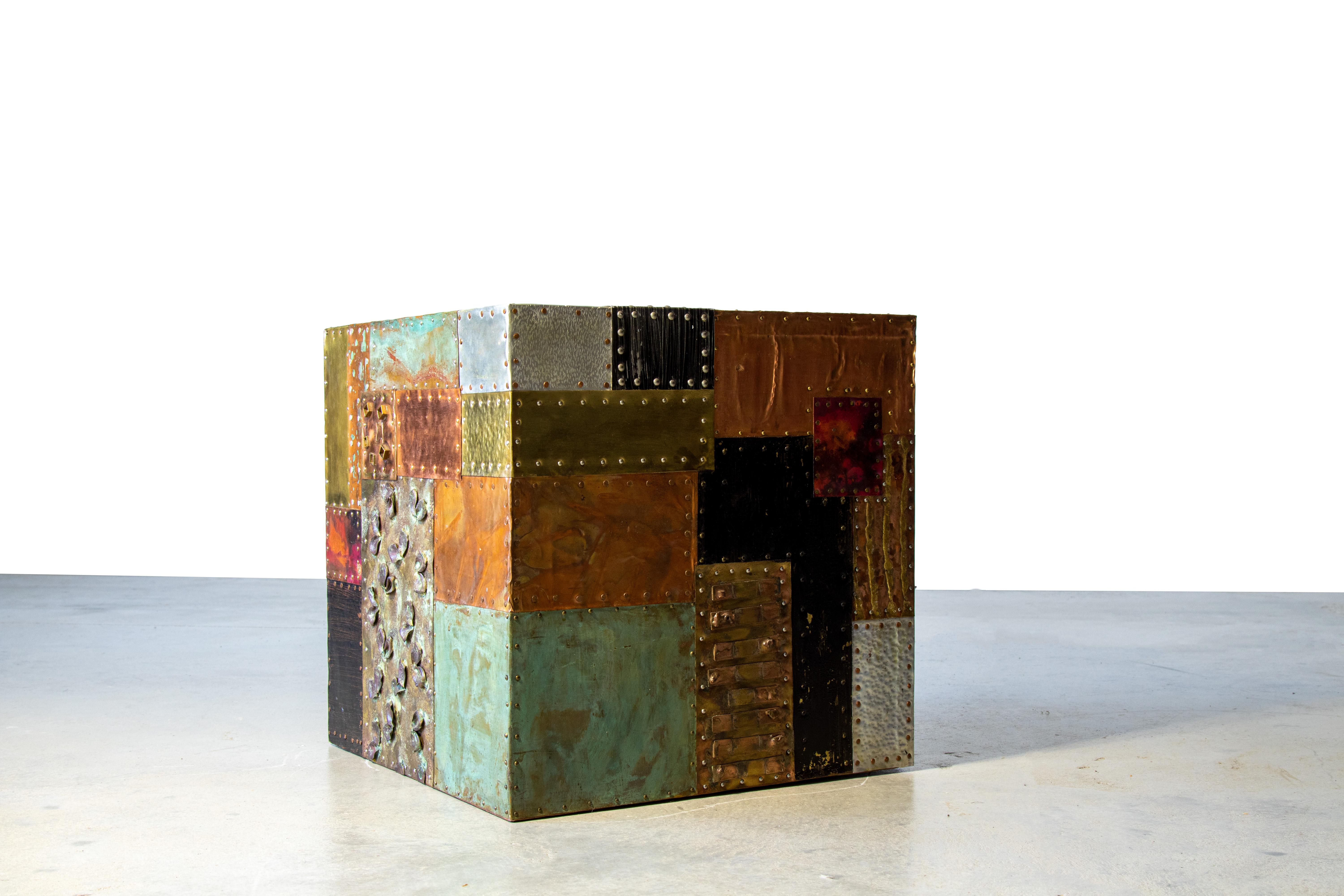 American Mid Century Modern Paul Evans Style Patchwork Brutalist Metal Cube End Table