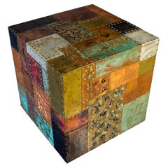 Mid Century Modern Paul Evans Style Patchwork Brutalist Metal Cube End Table