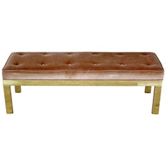 Mid-Century Modern Paul Evans Style Tufted Velvet Solid Brass Bench Seat 1960s