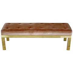 Mid-Century Modern Paul Evans Style Tufted Velvet Solid Brass Bench Seat 1960s