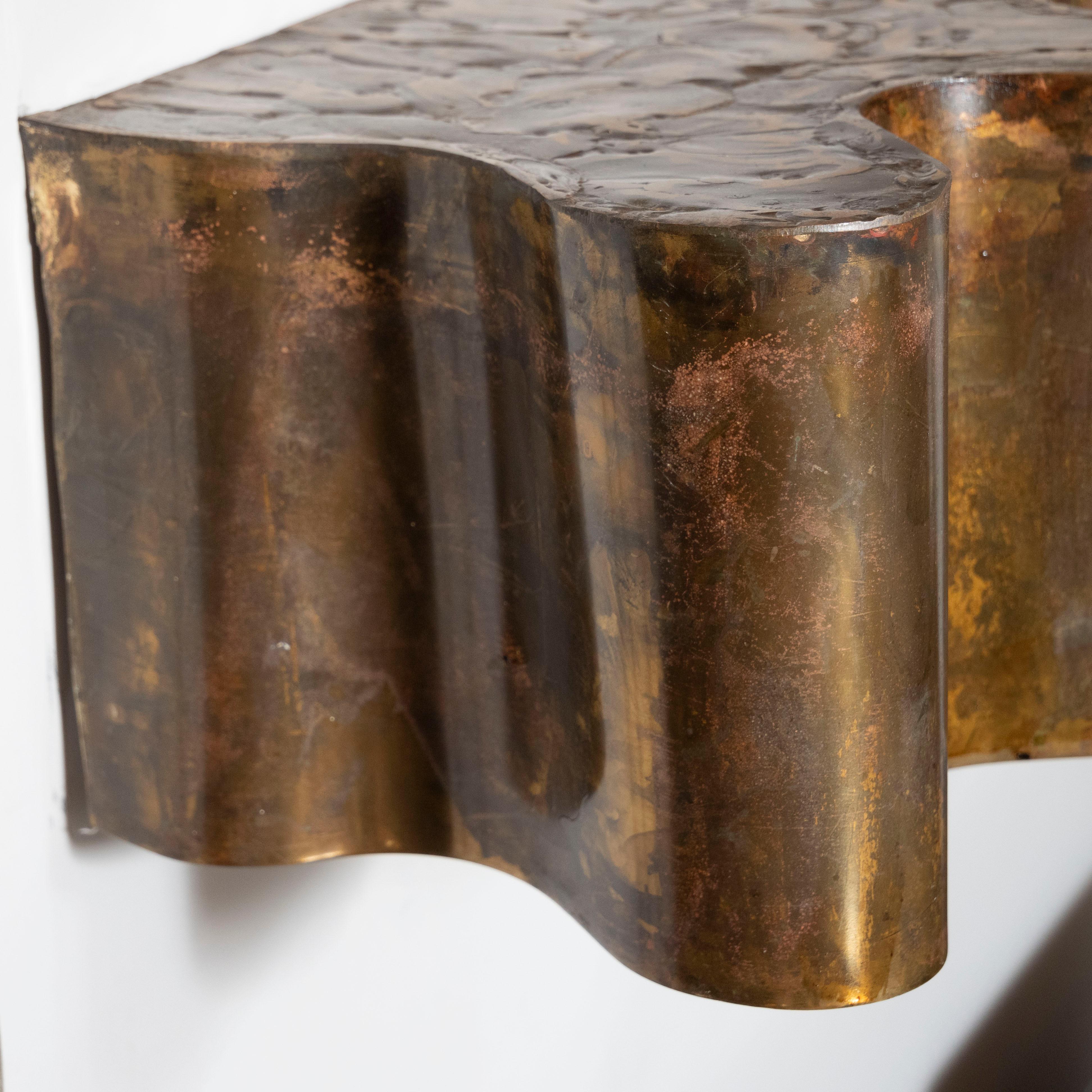 Mid-Century Modern Paul Evans Style Undulating Sculpted Bronze Brutalist Console In Excellent Condition In New York, NY